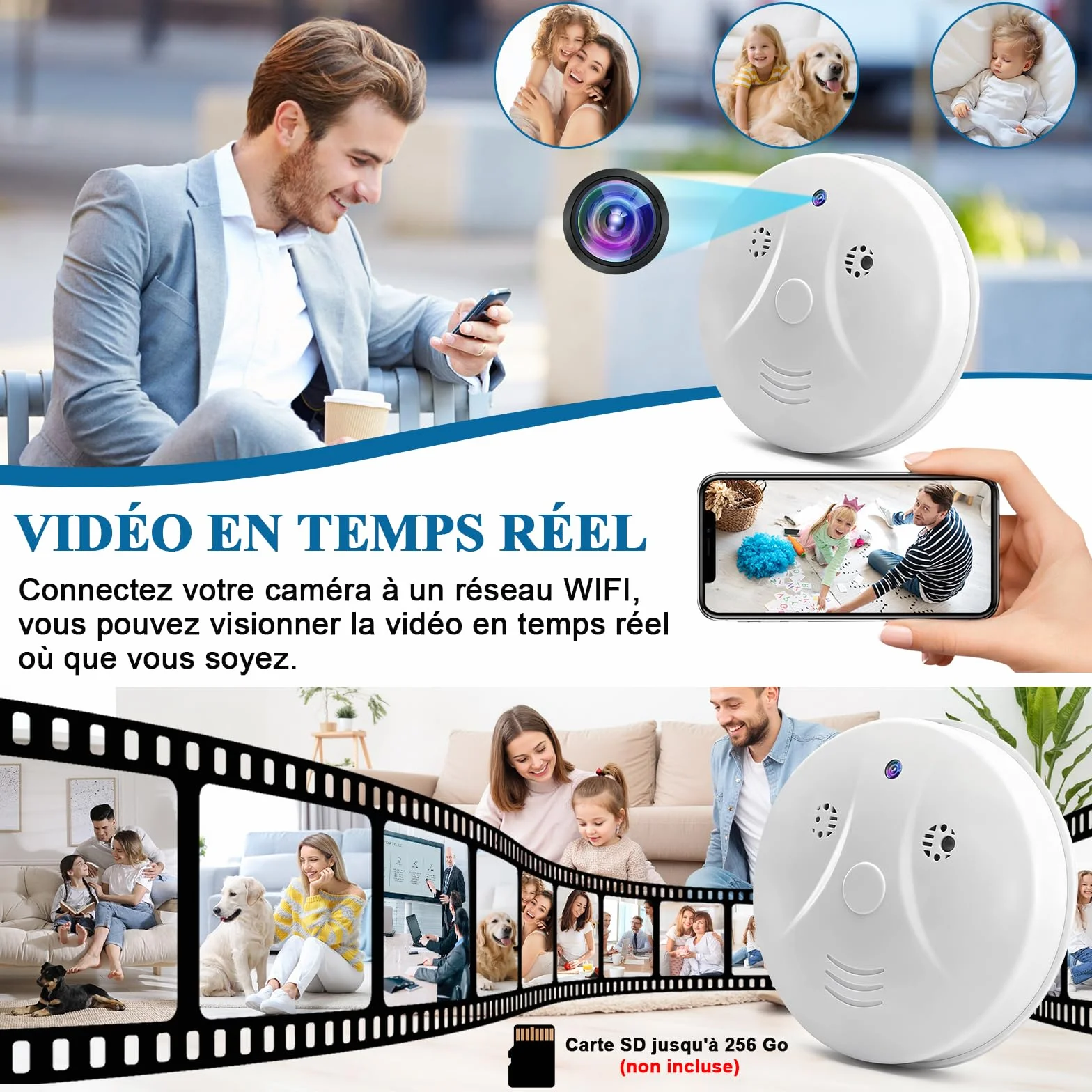 Caméra Cachée WiFi 2,4 et 5G, Caméra Espion WiFi Détecteur de Fumée, Mini Camera Espion Cachée HD 1080P avec Vision Nocturne et Détection de Mouvement pour la Sécurité Domestique