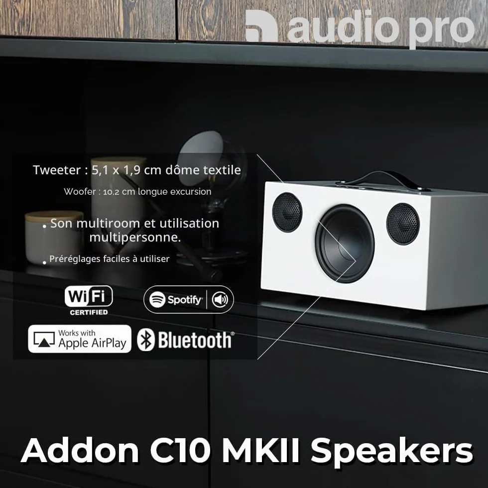Audio Pro C10 MkII - Enceinte Portable Multiroom avec Bluetooth - Smart Speaker sans Fil avec Contrôle par Application & Spotify, AirPlay & Chromecast - Blanc