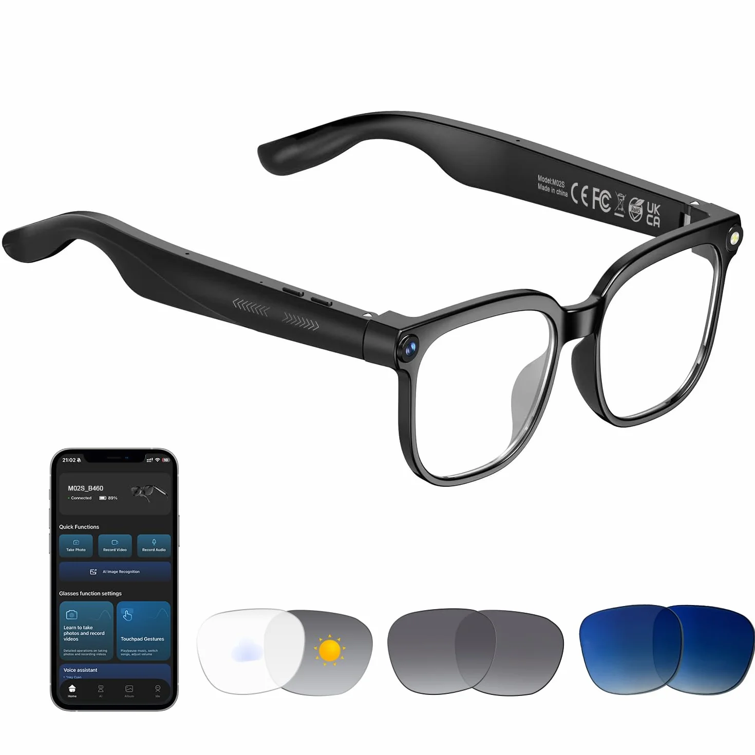 Lunettes AI Smart Camera - Vidéo HD 1080p, Photo, Traduction vocale : avec Verres de Protection Solaire/lumière Bleue interchangeables, Utilisation en extérieur, randonnées à vélo, randonnée