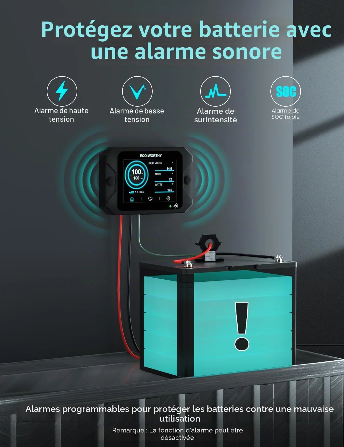 ECO-WORTHY Moniteur de batterie amélioré 300 A 12 V/24 V/36 V/48 V, moniteur de batterie à écran tactile 3,5 pouces avec alarme, testeur de batterie lithium/gel pour camping-cars, systèmes solaires