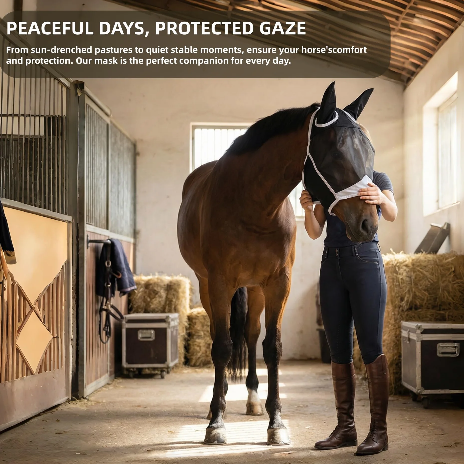 Masque Anti Mouche Cheval Noir avec Oreilles One Piece, Protection Anti-Tau pour Chevaux (L)