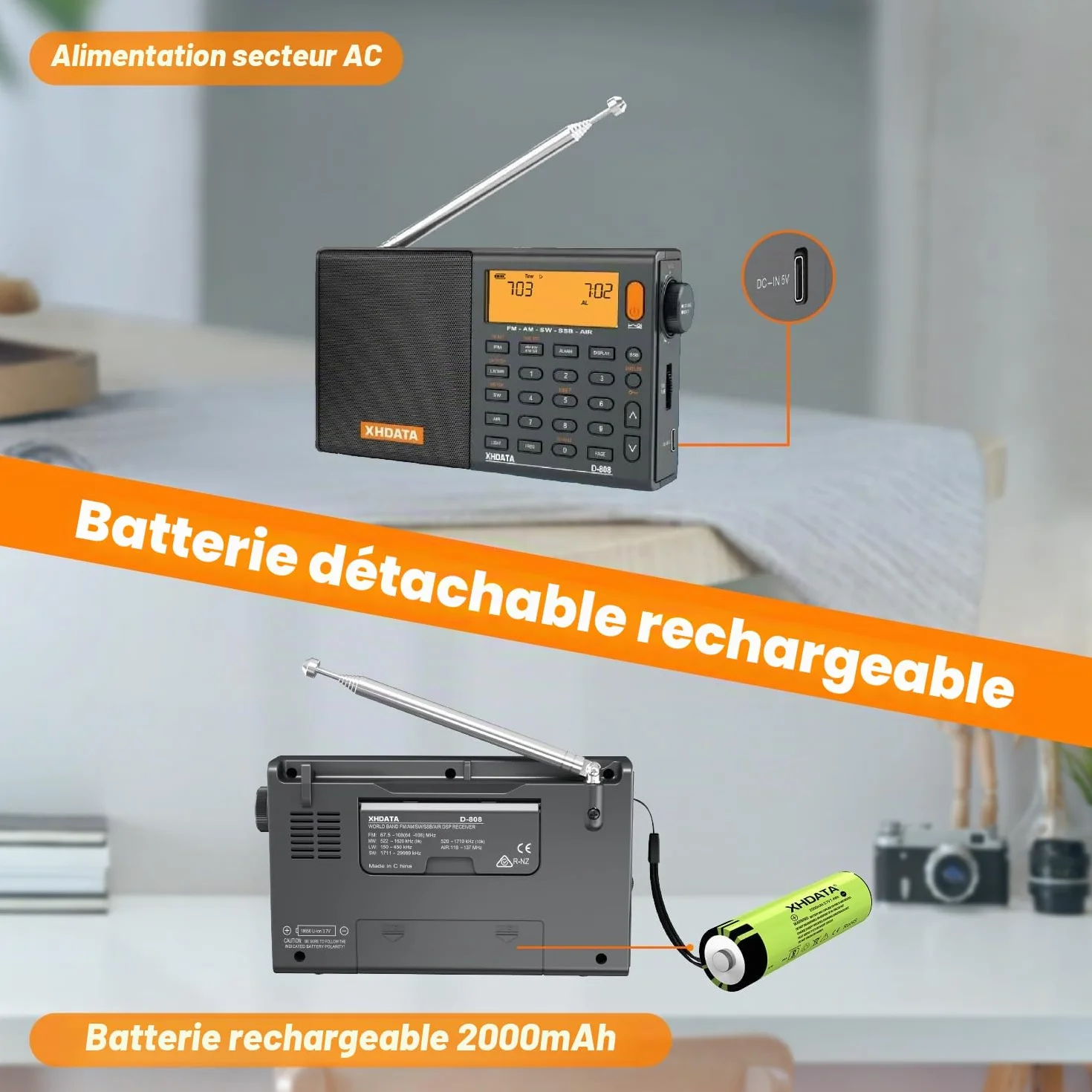 XHDATA D-808 Portable Radio Numérique FM Stéréo/SW/MW/LW SSB RDS Bande Air Band Multi Haut-Parleur avec Affichage LCD Réveil Antenne Externe et 2000mah Batterie (Gris)