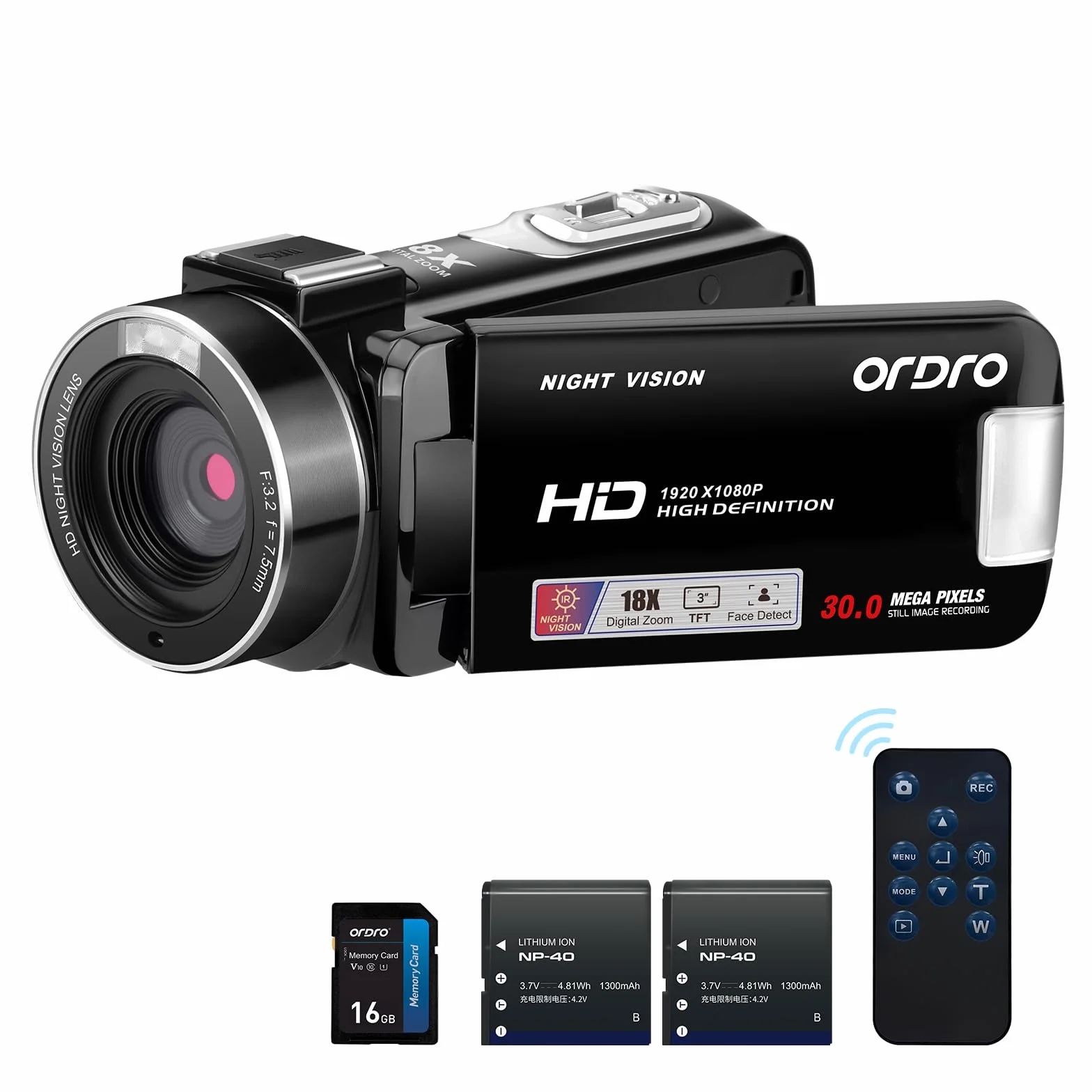 ORDRO B320 Caméscope 1080P 30 MP Zoom 18x Vision Nocturne Écran Rotatif 270° 2 Batteries Noir