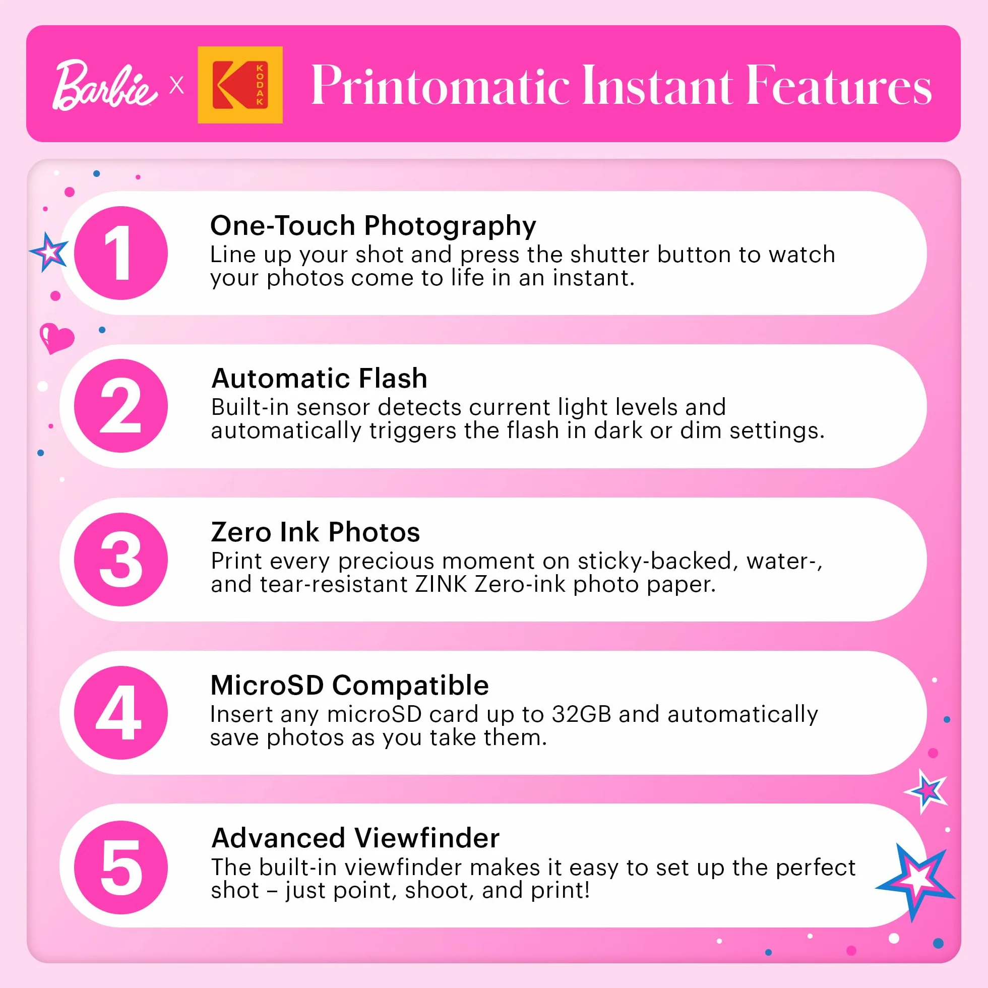 Kodak x Barbie Printomatic Appareil Photo numérique instantané Couleur Appareil Portable Barbie 5 MP, Zink 2x3 (5,1 x 7,5 cm) Papier Photo à Dos adhésif, Style Signature