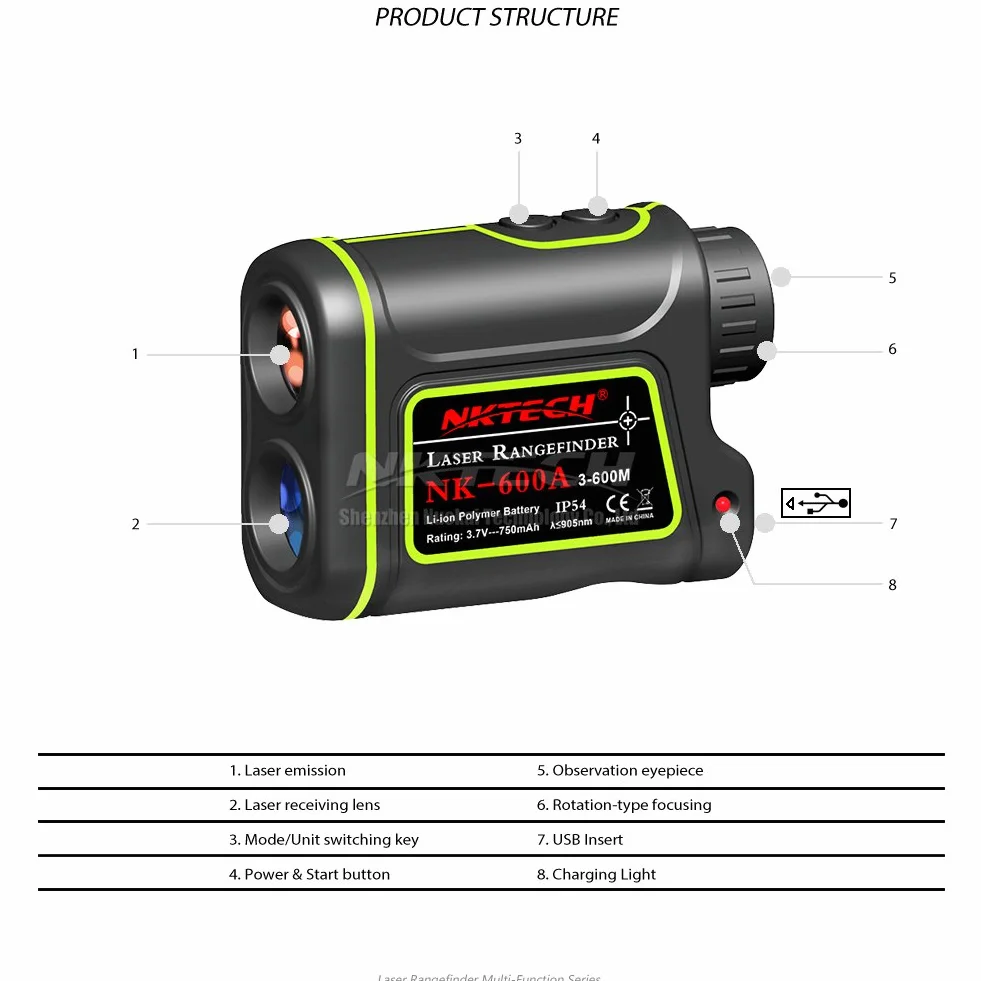 Télémètre laser 4-en-1, portée 1500 m, grossissement 8x, rechargeable, pour chasse et golf