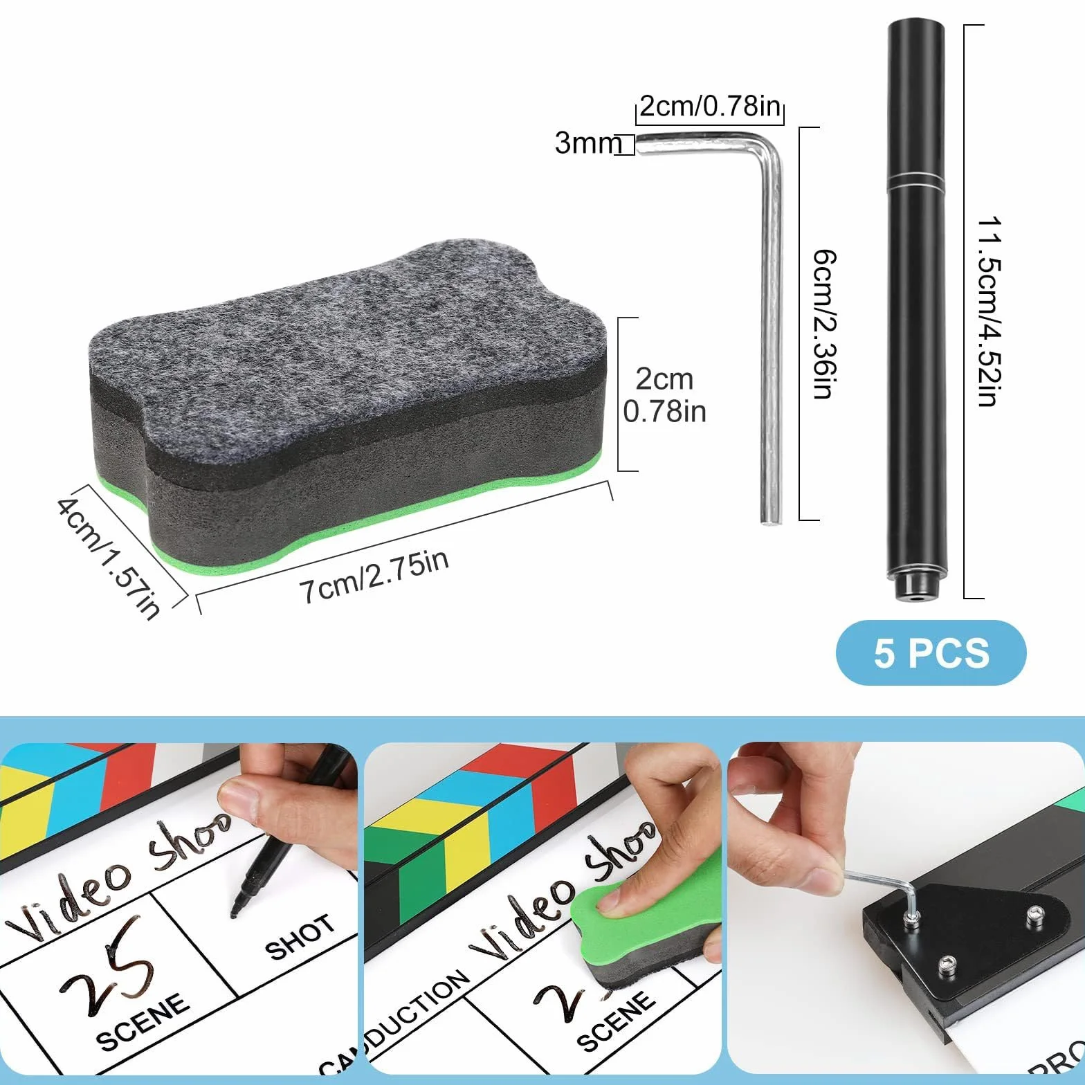 Clap de Cinéma 30 x 25cm,Acrylique Film Clapper,avec effaceur magnétique,2 stylos,Clap Cinéma pour Tournage Film,Tournage Vidéo,Blanc