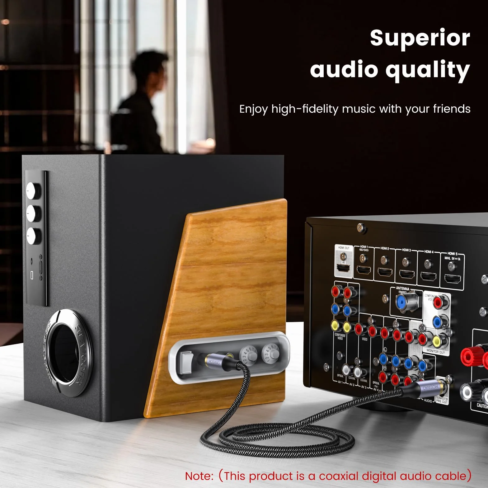 MOSWAG Câble Coaxial RCA Audio (2M), Câble de Subwoofer - Cinch RCA, Cable Coaxial Numérique 24K Plaqué Nylon pour Home Cinéma, Système Audio, PS3, Wii, Haut-parleurs