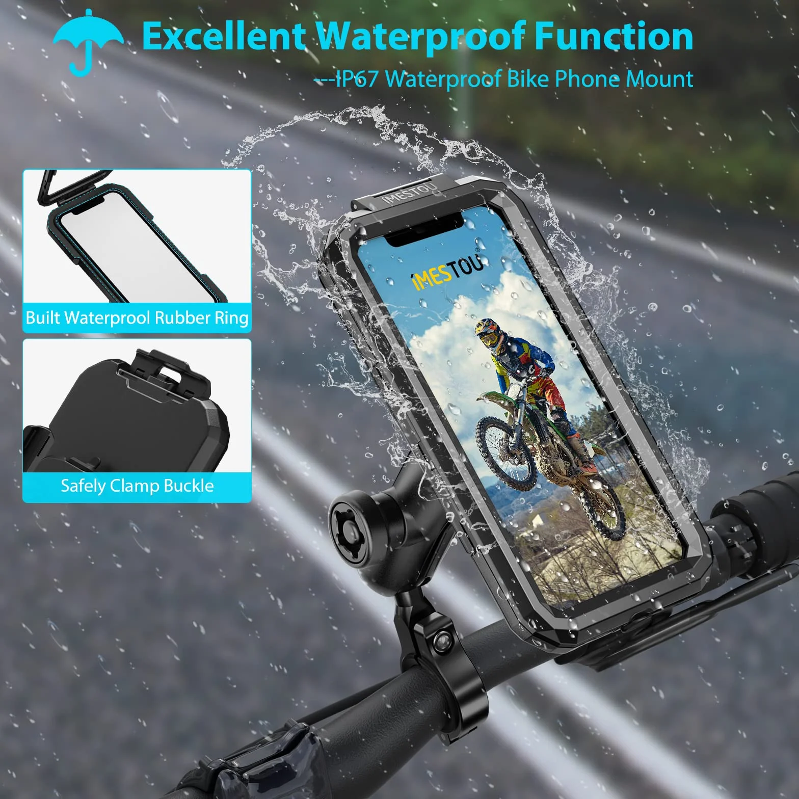 iMESTOU Titulaire de Téléphone de Moto Anti-vol Imperméable - Montage de Téléphone à Vélos avec 1 Pouce de Rotation à Billes de Guidon en Aluminium 720 ° pour 5,5 "-6,8" Cell Phone (L)