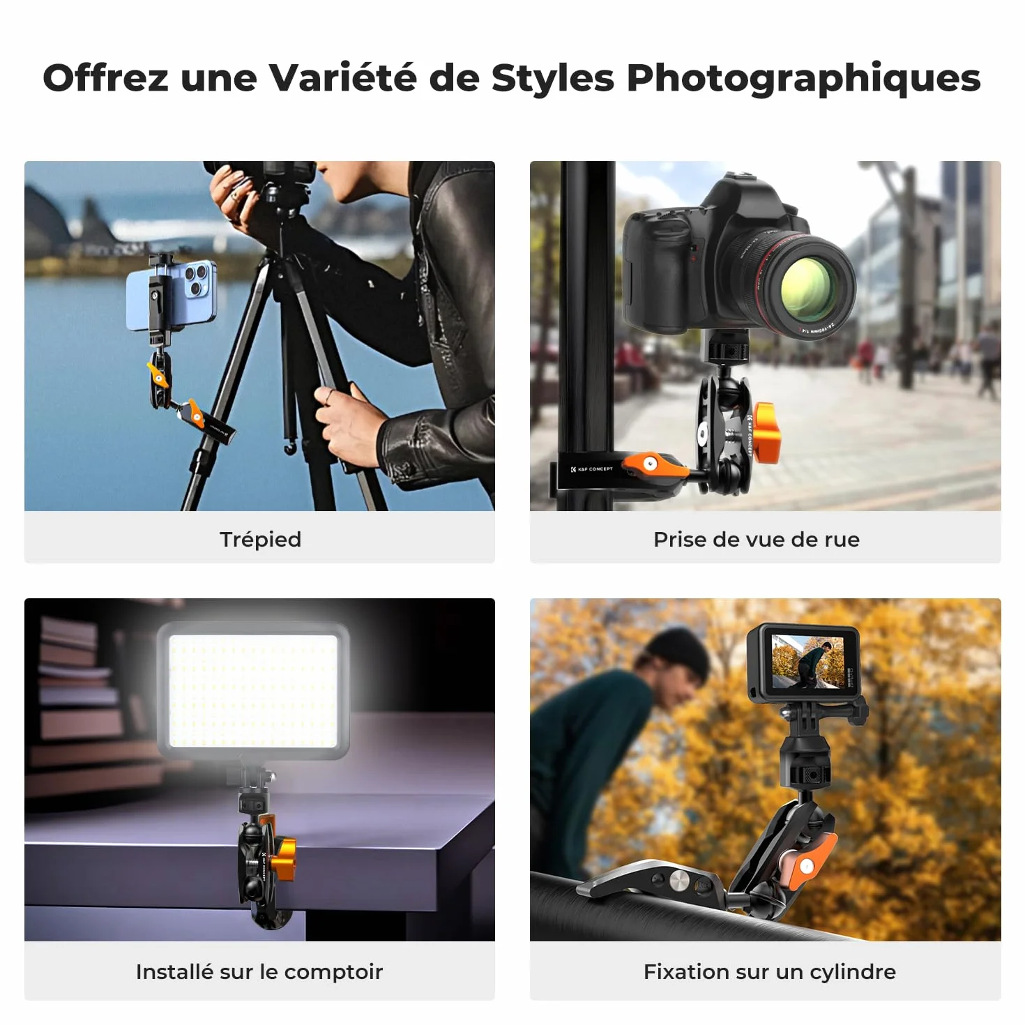 K&F CONCEPT Bras Magique + Pince Super Clamp à Rotule 360° – Support Articulé Multi-Angle avec Filetage 1/4'' et Adaptateur GoPro/Clip Téléphone pour Caméra Photo DSLR Microphone Lumière – M13