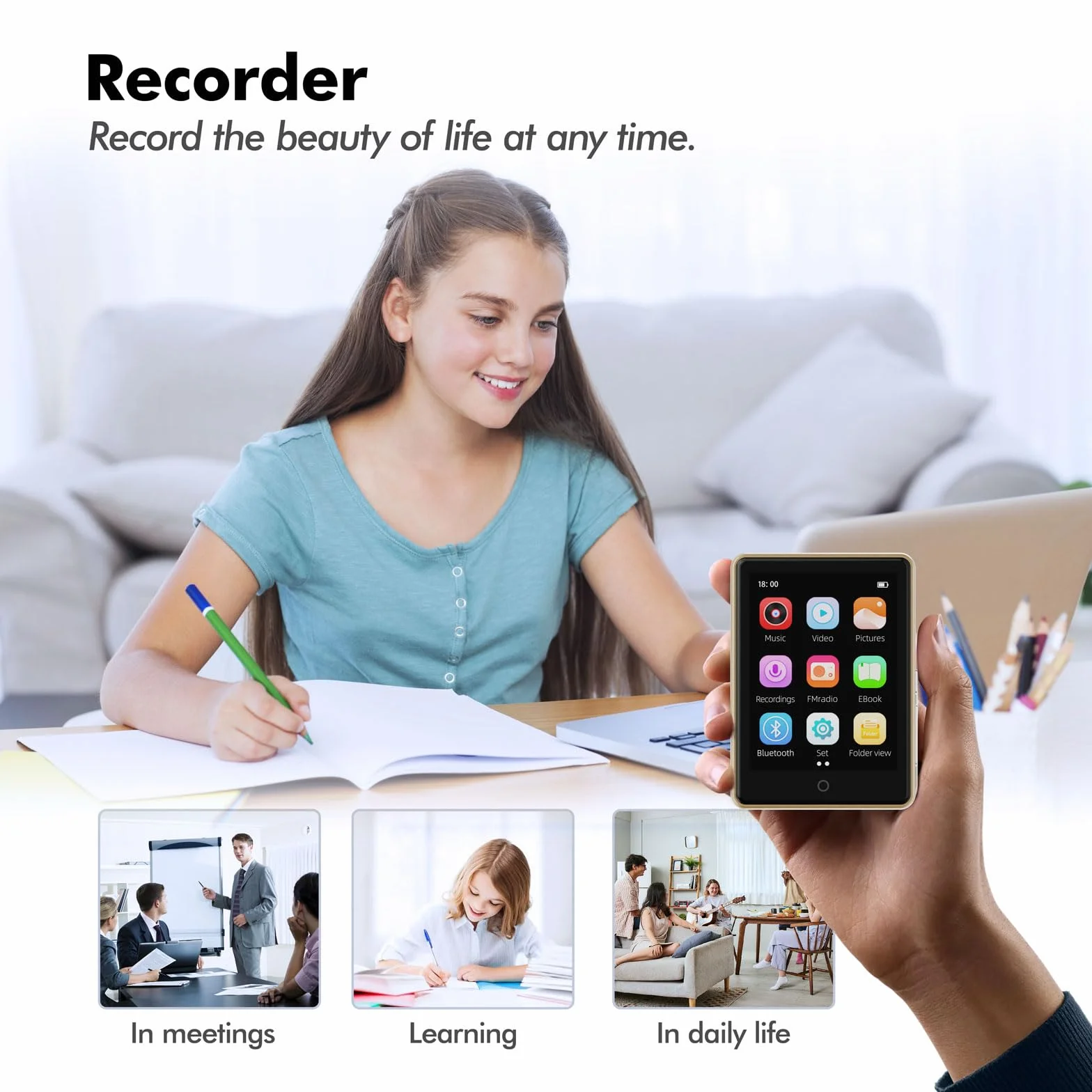 Lecteur MP3 Bluetooth 5.3 64Go 2.8" Écran HiFi Audio MP4 Baladeur Sport Radio FM Podomètre Enregistreur Carte 128Go Or