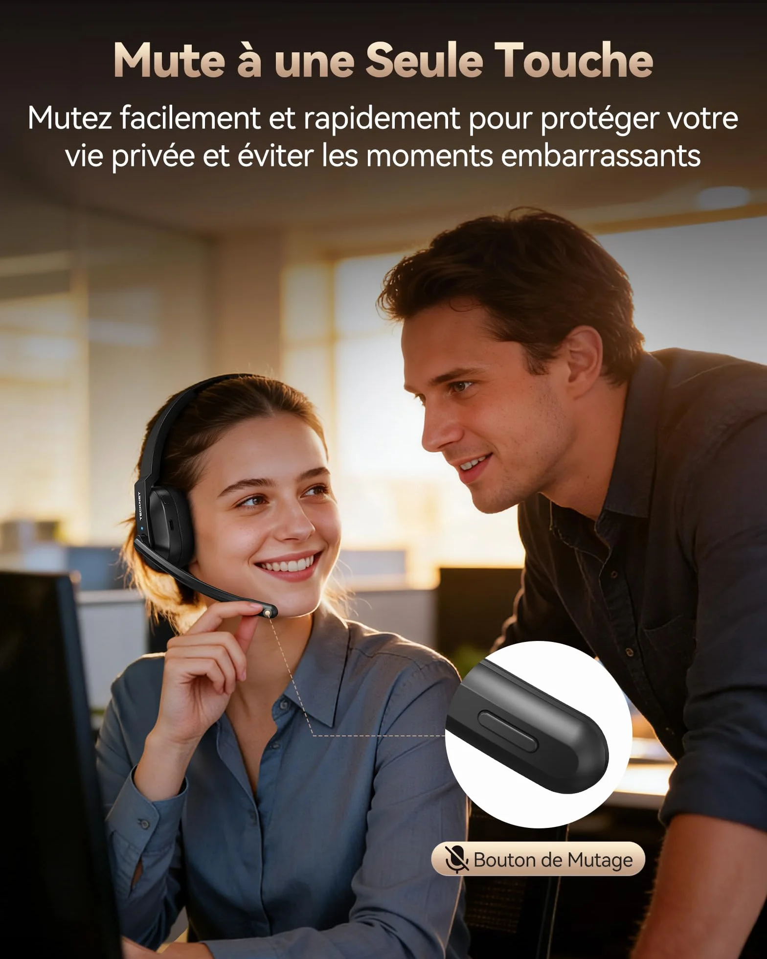 TECKNET Casque Bluetooth V5.2 avec microphone, casque sans fil avec station de charge, MIC ENC Casque PC, dongle USB, casque supra-auriculaire sans fil pour camionneur/centre d'appel/bureau – Batterie