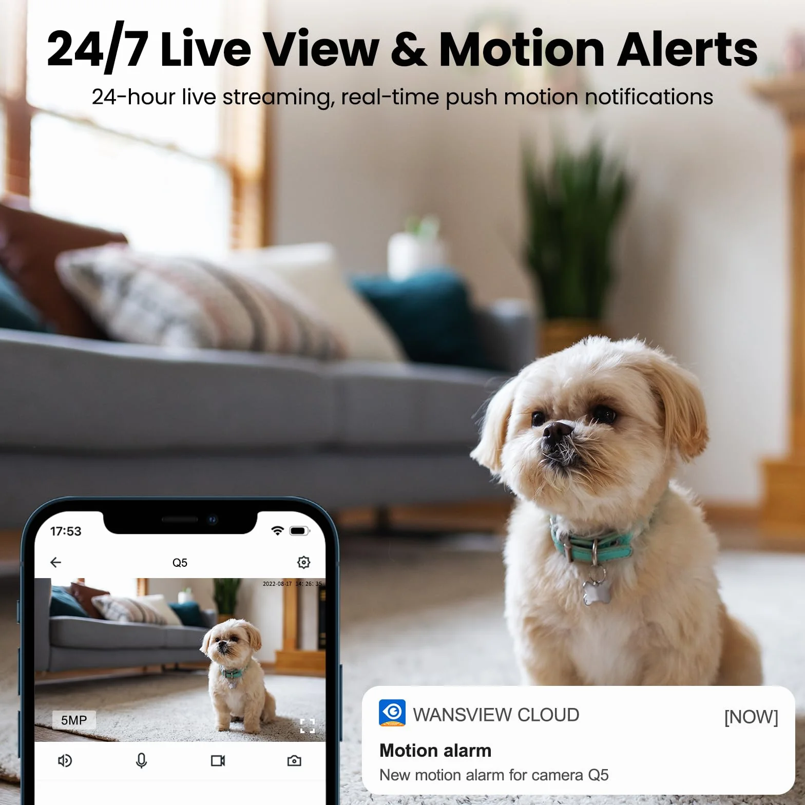 wansview 3K 5MP Camera Interieur - 2.4G/5G Double Bande WiFi Camera Surveillance, Suivi Intelligent 360 degrés, Détection Humaine IA pour Bebe/Chat/Chien connectée Smartphone, Audio Bidirectionnel