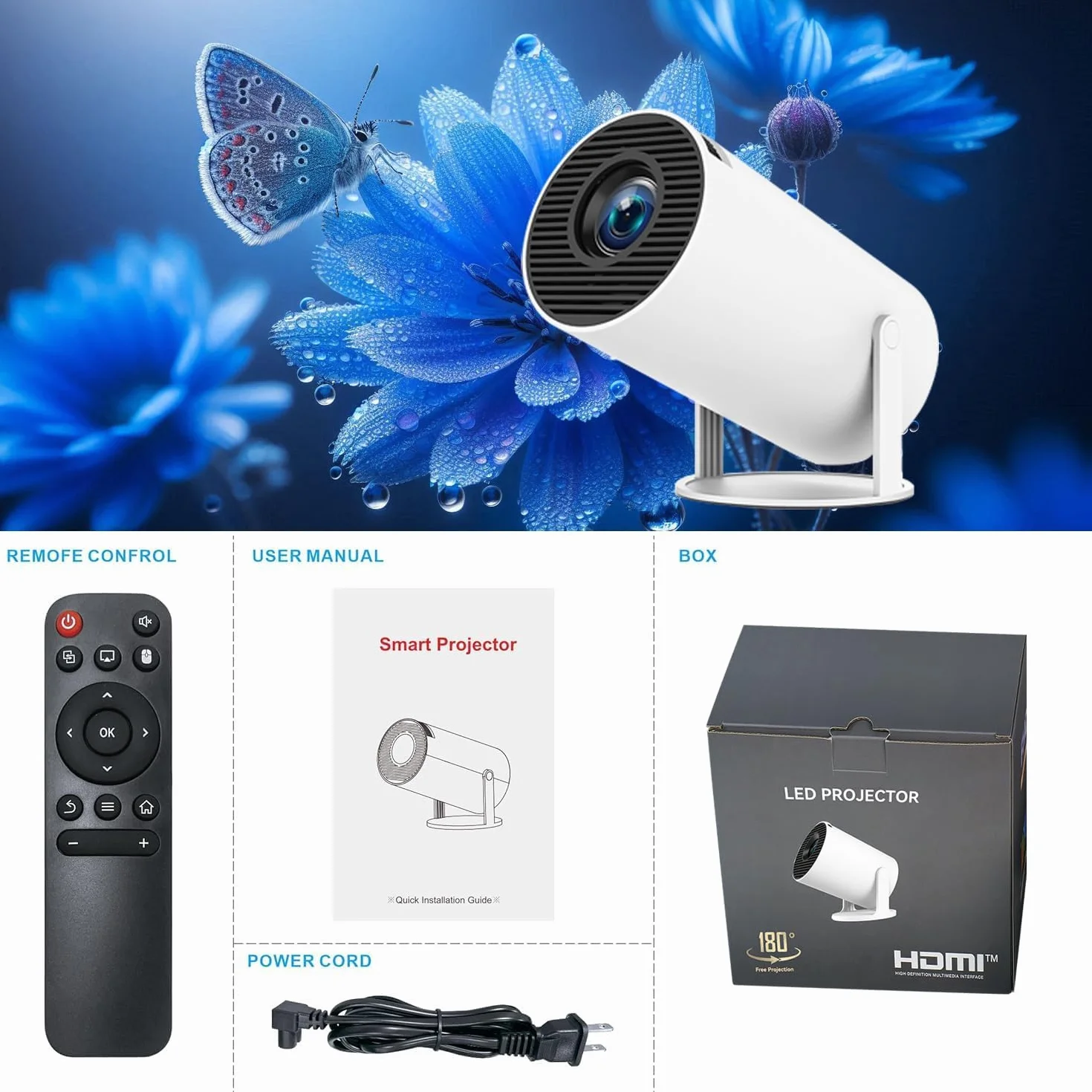 Mini Projecteur FHD 4K Portable WiFi 6 BT5.2 Correction Trapèze Rotation 180° Compatible Téléphone PC HDMI USB PS5
