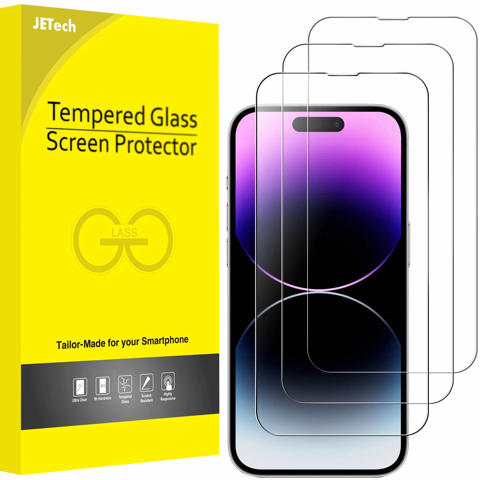 JETech Protection d'Écran à Couverture Complète pour iPhone 14 Pro 6,1 Pouces, Integrale Film en Verre Trempé 9H Compatible Coque, HD Transparent, Lot de 3