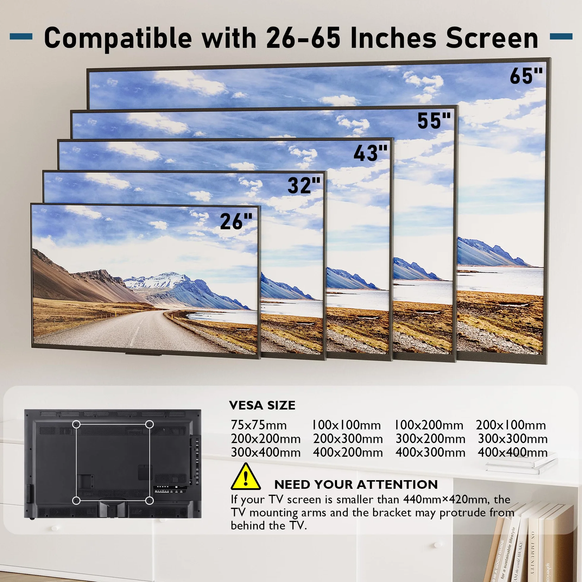 BONTEC Support Mural TV Universel Inclinable pour Écrans LCD/LED/OLED 26-65 Pouces, Fixation VESA 400x400mm, Support TV jusqu'à 55kg, Inclinaison 10°, Design Ultra-Slim avec Niveau à Bulle Inclus
