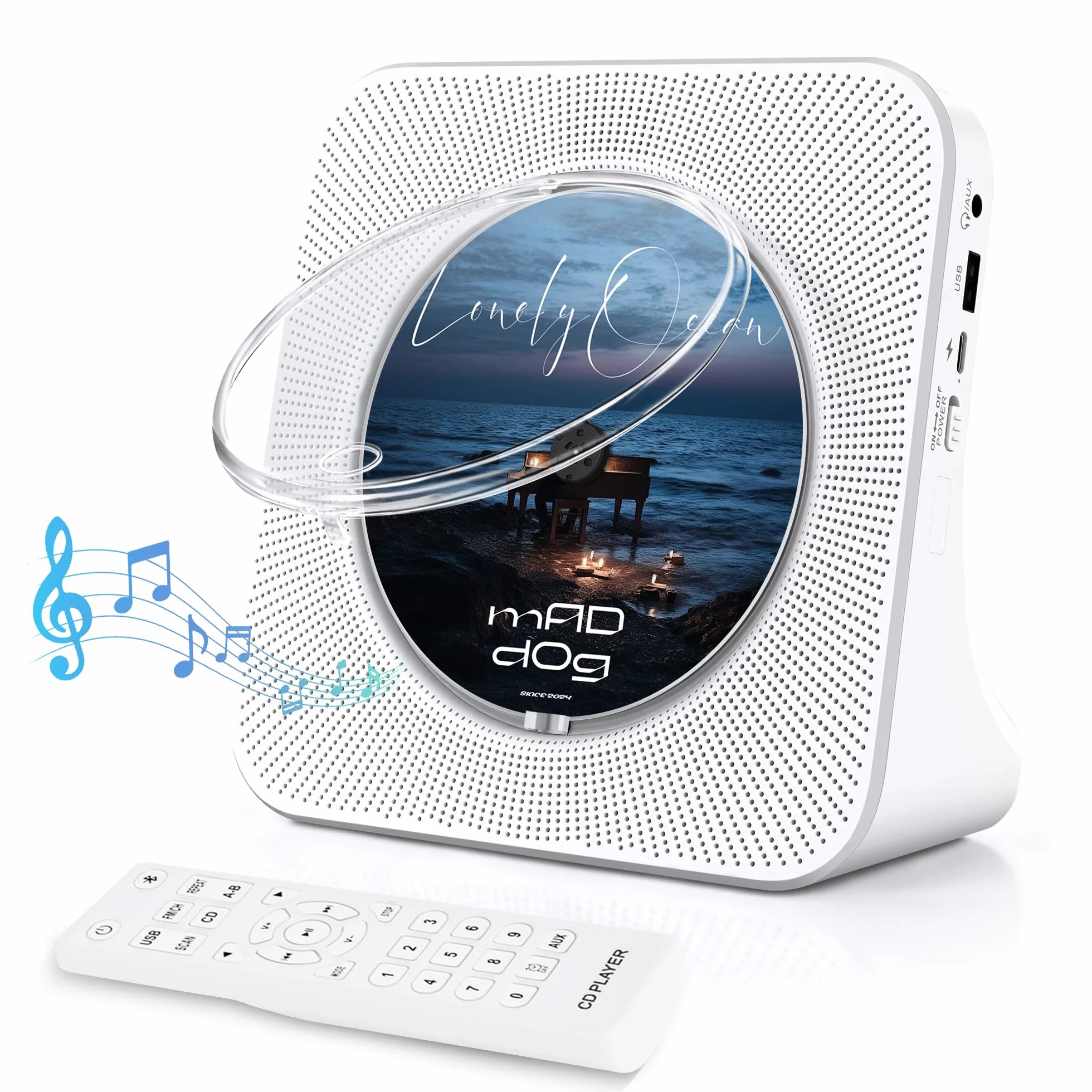 Lecteur CD Bluetooth Portable avec Radio FM, Haut-Parleurs Double, USB/AUX, Télécommande