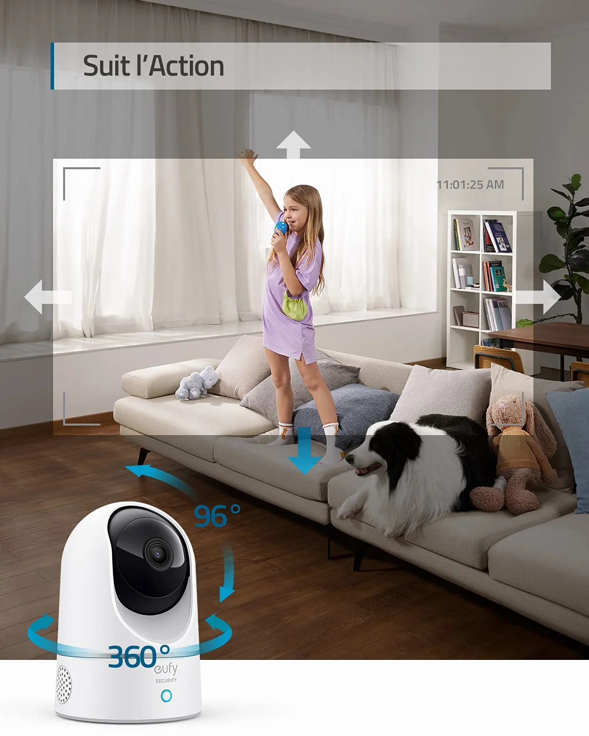 eufy Security IndoorCam E220 Camera Interieur sans Fil, 2K Pan & Tilt, Camera Surveillance WiFi, Détection des Humains et Animaux par l'IA, Assistants Vocaux, Carte microSD Requise