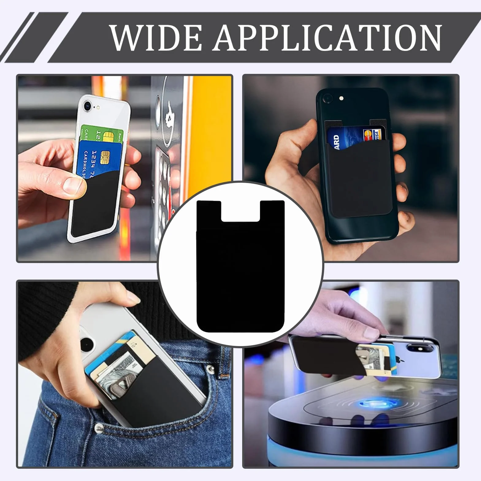 Porte Carte Telephone Adhésif Noir, Pochette Carte Bancaire Silicone Simple Couche pour Smartphone