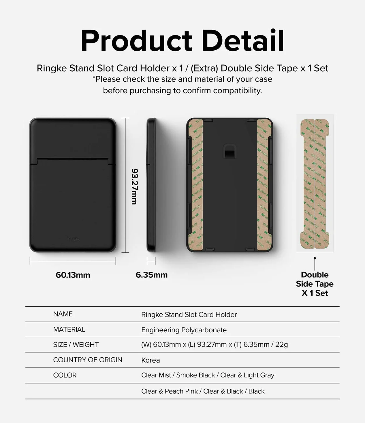 Ringke Stand Slot Card Holder, Porte-Cartes Adhésif avec 3M Sticker Noir