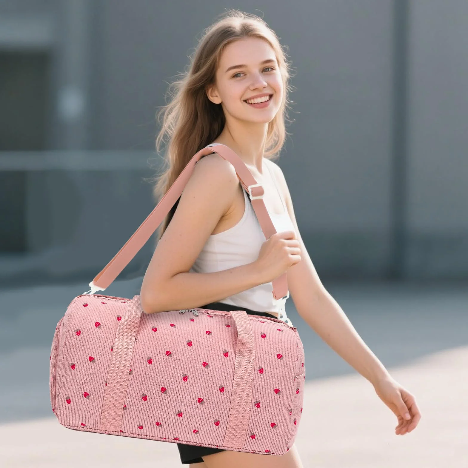 Sac de sport LEDAOU enfant compartiment chaussures humide velours côtelé rose fraise 46x22x23 cm