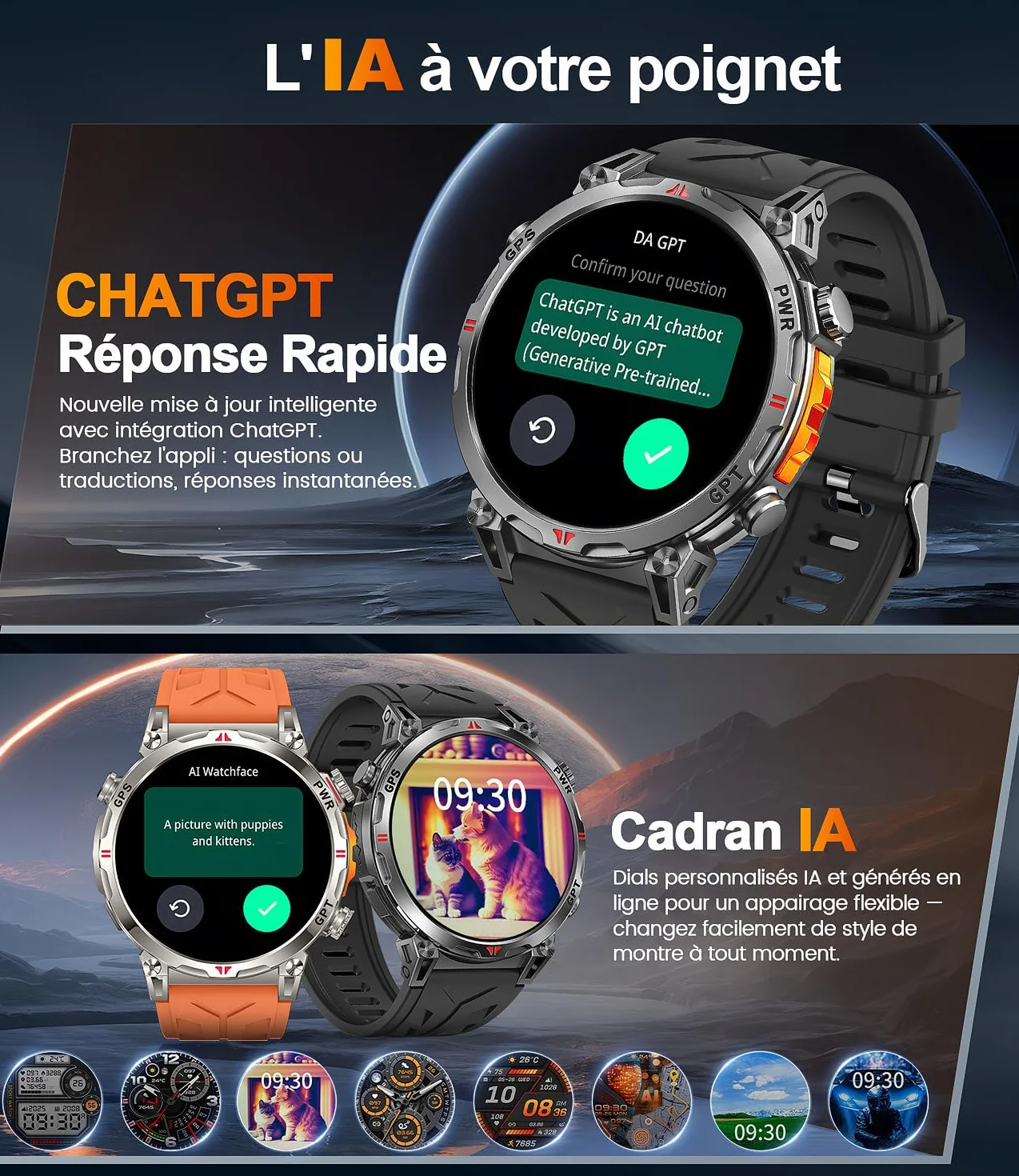 Montre Connectée Homme GPS intégré, AMOLED Appel Bluetooth, Montre Connectée pour Android et iPhone, 100+ Modes Sportifs, 3ATM étanche Montre Sport Homme avec Boussole (1.6)