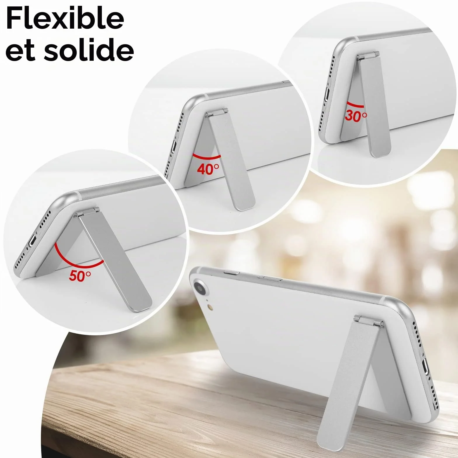 Support de téléphone pliable en aluminium réglable pour smartphones (argent)