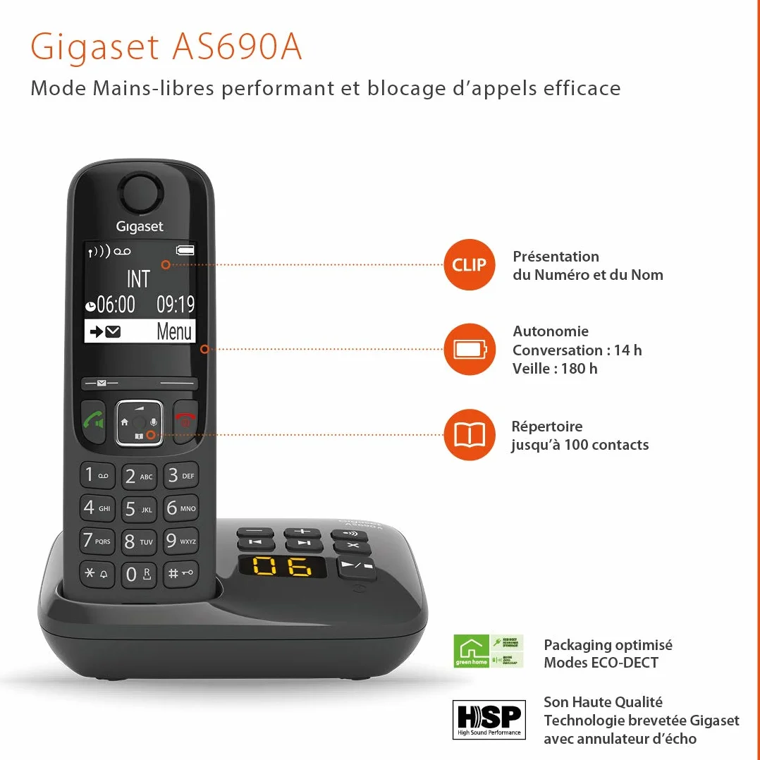 Gigaset AS690A Duo Téléphone fixe sans fil avec répondeur 2 combinés Noir