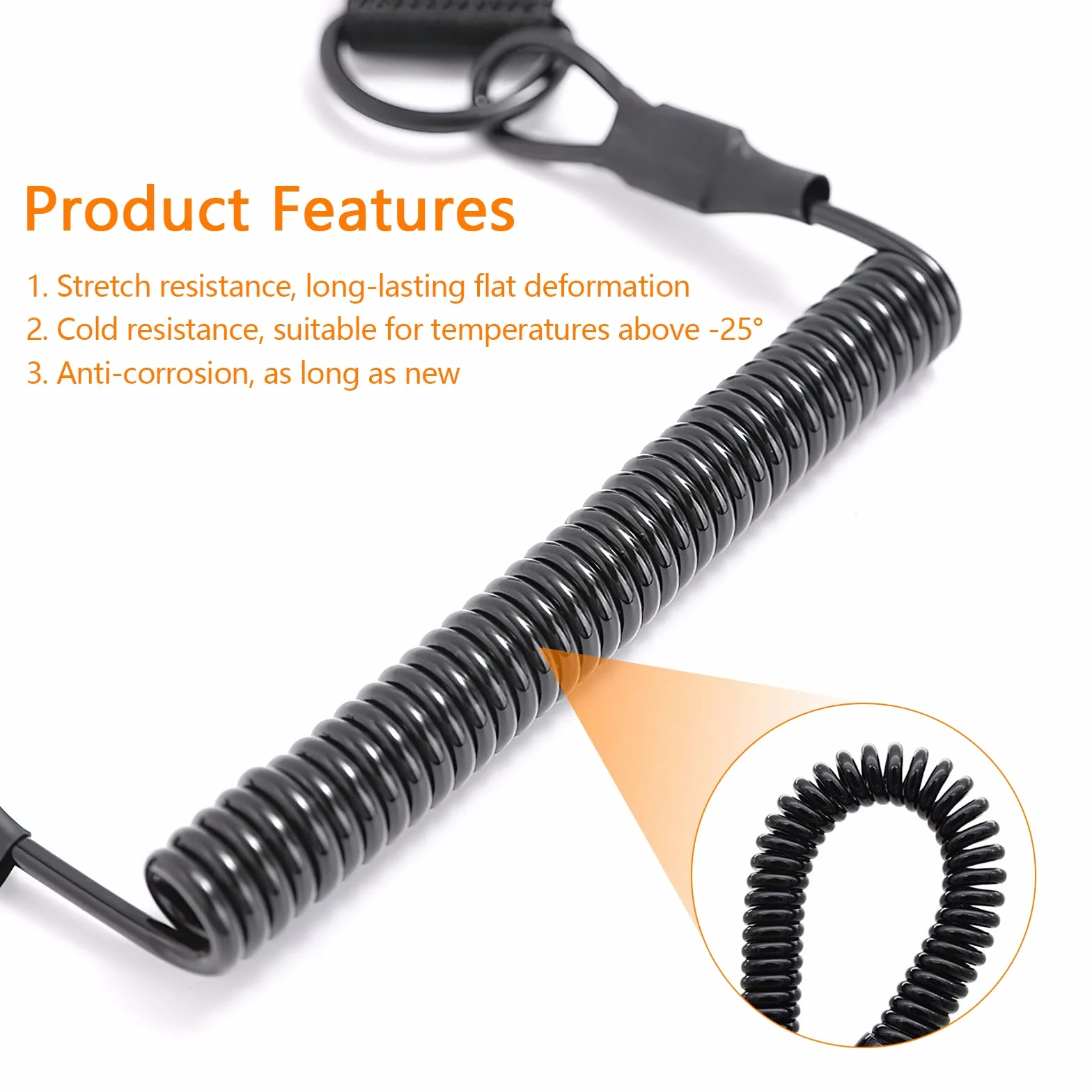 Longes Tactiques Noires 2 Pièces avec Cordon de Sécurité Elastique Mousqueton à Spirale pour Escalade Pêche Camping