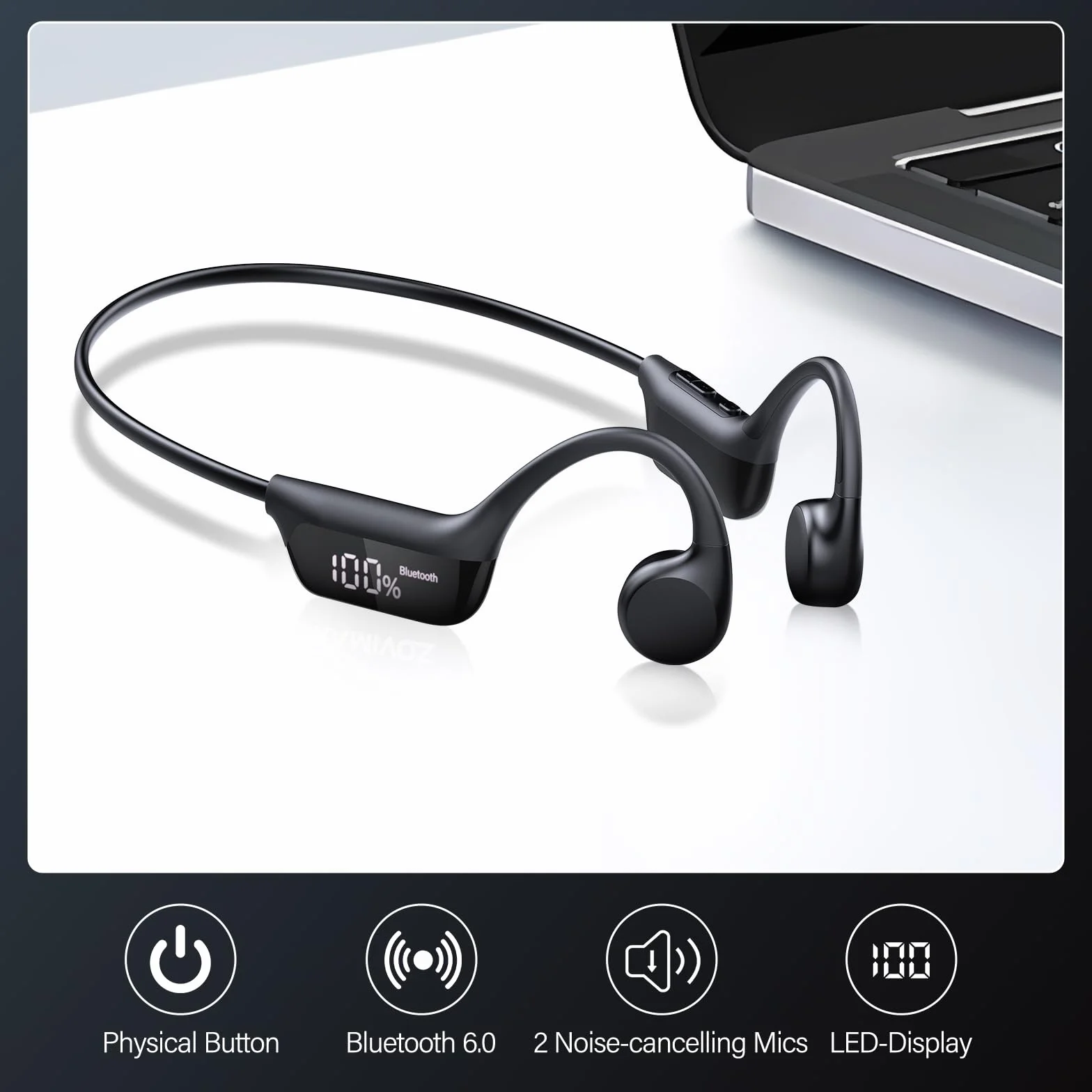 Casque Conduction Osseuse Bluetooth 6.0, IPX7 Écouteurs à Conduction Osseuse avec Micro, Écran LED, 12H Ecouteurs sans Fil Sport pour Course à Pied, Sport, Cyclisme, Fitness