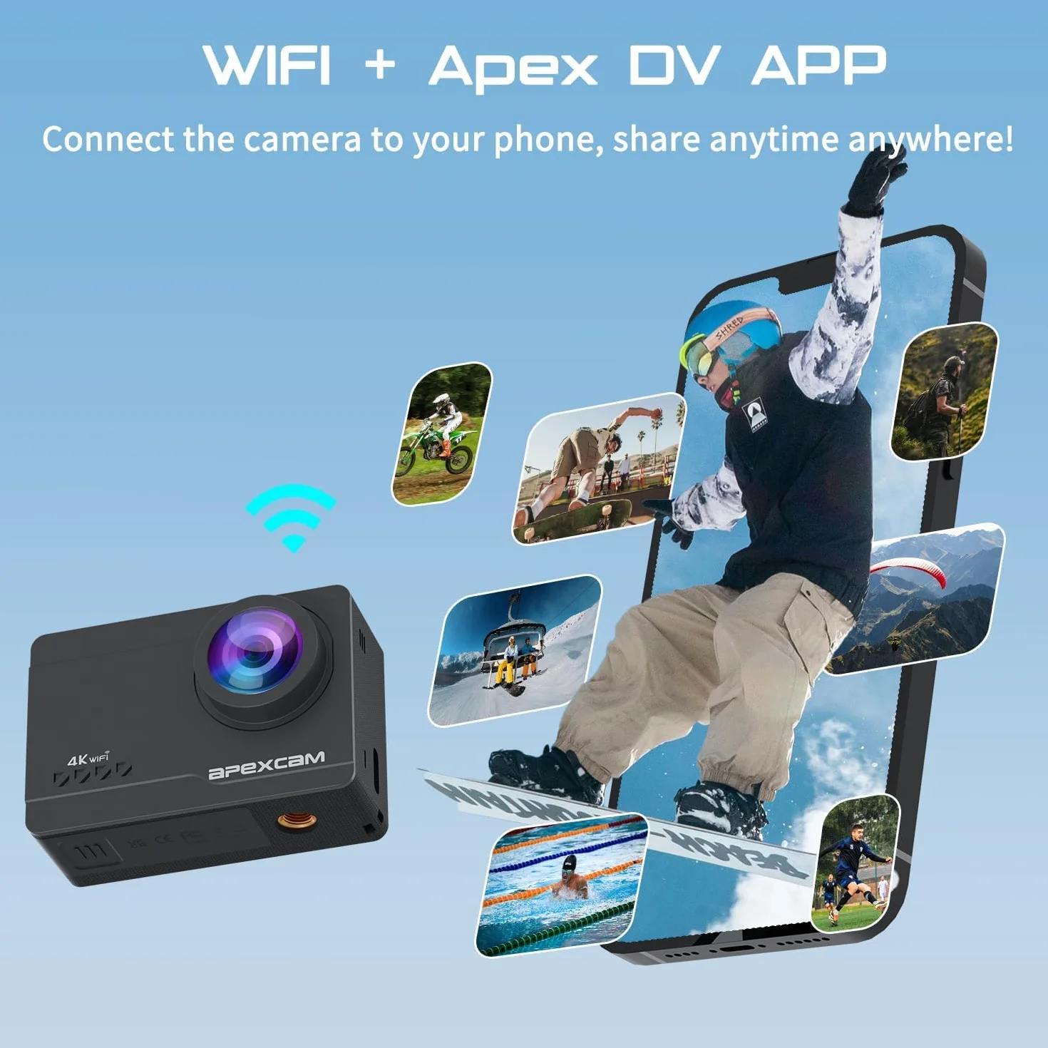 Apexcam Action Cam 4K 60FPS 64MP Écran Tactile Stabilisation EIS Étanche 40M WiFi Télécommande 2 Batteries 1350mAh