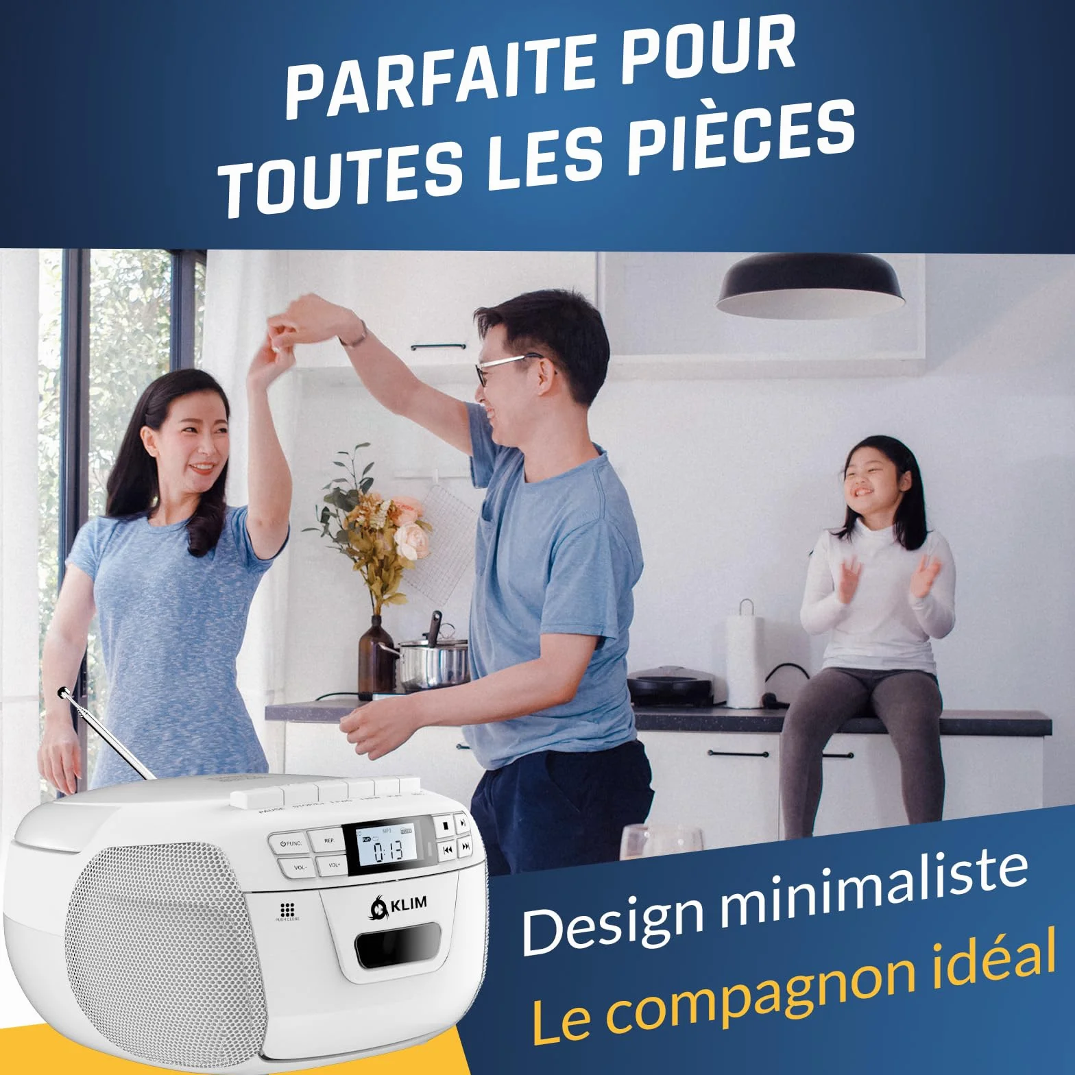 KLIM Lecteur CD Cassette Radio AM/FM Bluetooth Stéréo USB AUX Blanc