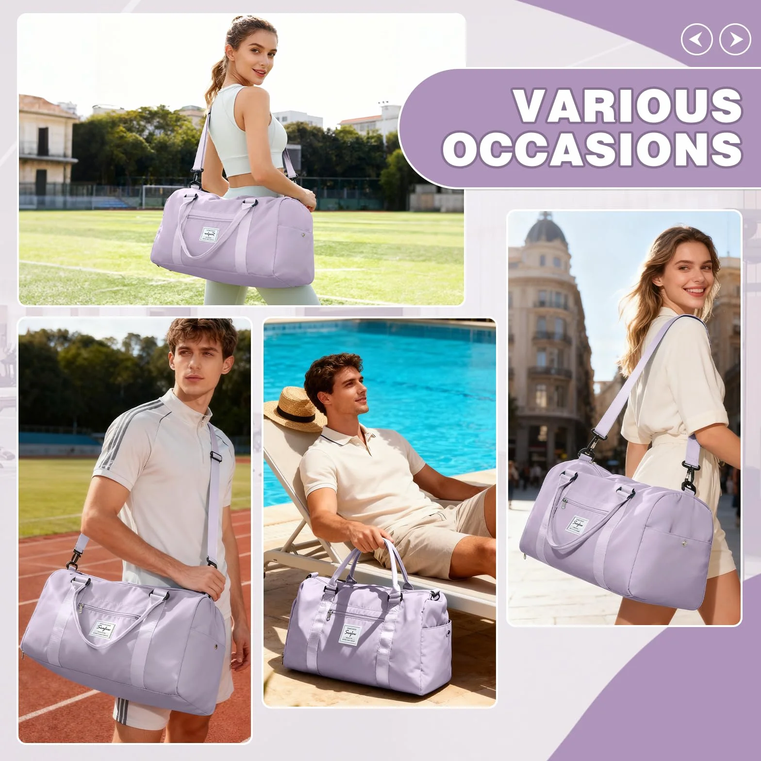 Sac de Sport Femme Homme Léger avec Compartiment Chaussures Poche Humide Duffle Bag Violet A11