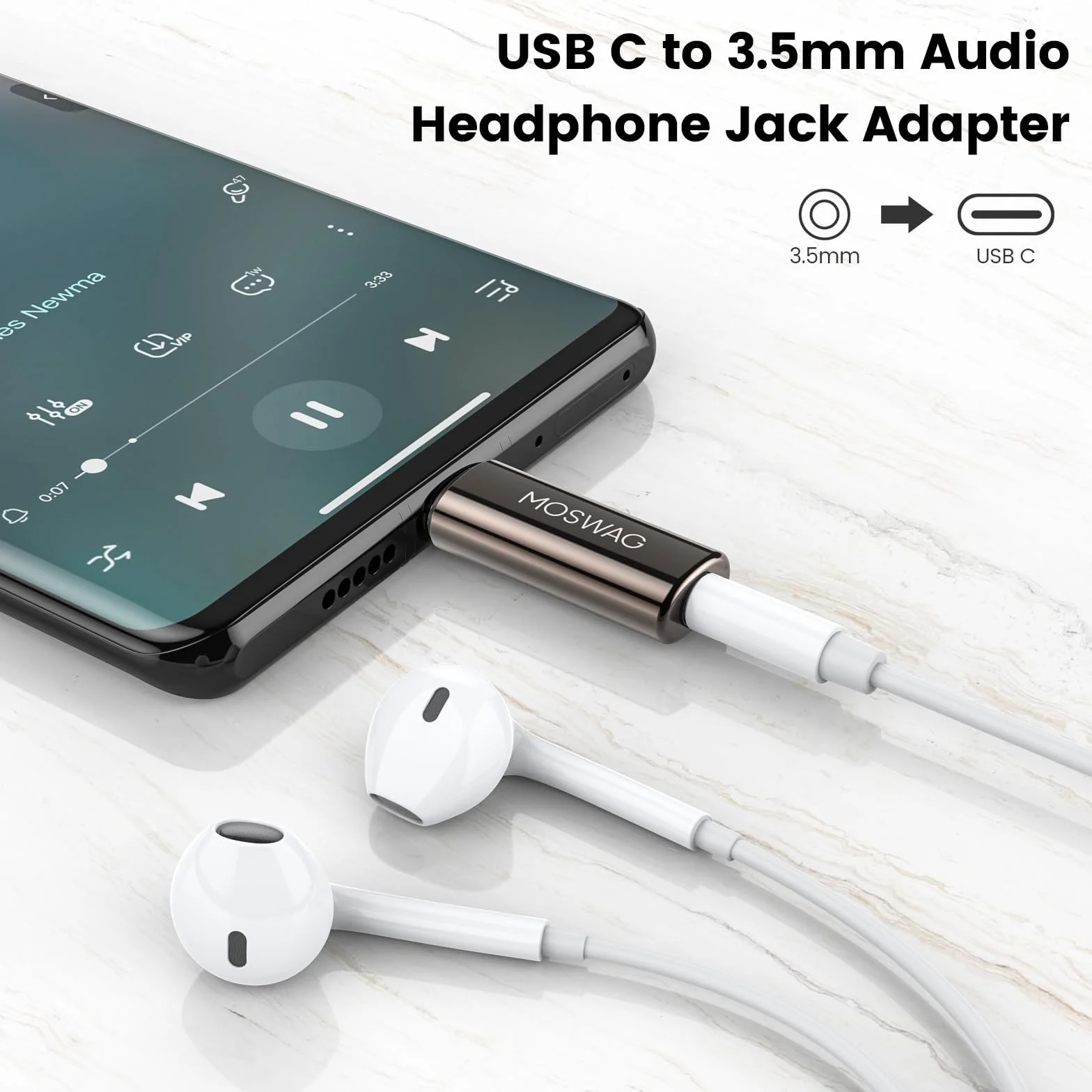 MOSWAG Adaptateur de Prise de Casque USB-C vers 3,5mm avec DAC, Convertisseur Audio Hi-FI et Micro en Alliage de Zinc Haute Résolution, Compatible avec Galaxy, Pixel, Xiaomi, iPhone et iPad