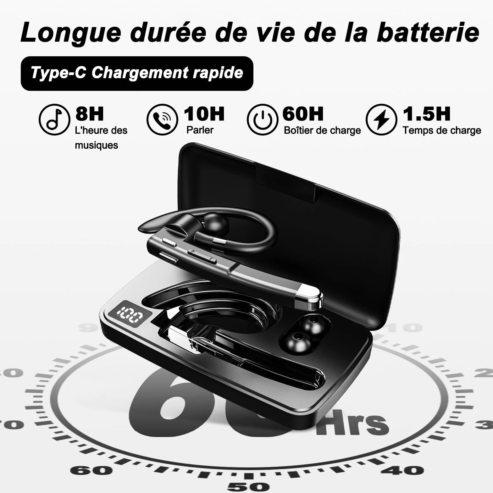 Oreillette Bluetooth sans Fil Kit Main Libre Avec double microphone pour l'annulation du bruit 64 Heures de Conversation en HD boîtier chargement LED CVC8.0 iPhone/Android