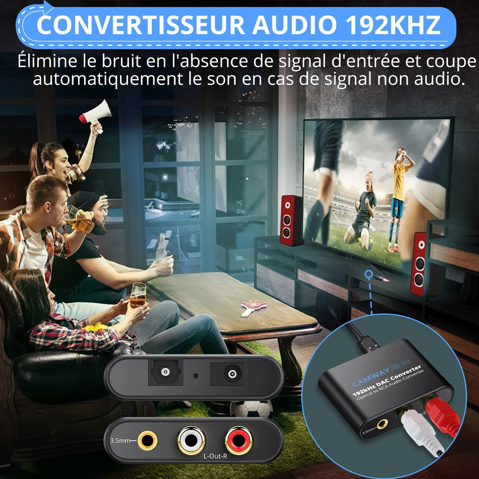 CAMWAY Convertisseur DAC 192kHz SPDIF vers RCA Optique Toslink vers 3.5mm Audio Numérique Analogique