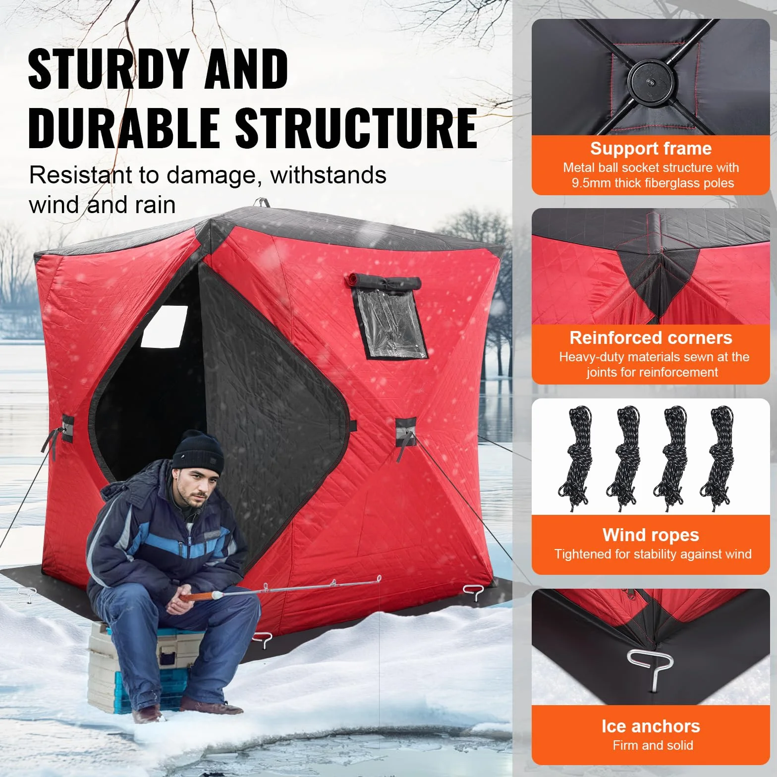 VEVOR Abri de Pêche sur Glace 1,8x1,8x2 m Tente Escamotable Portable Isolant Thermique Tissu Oxford