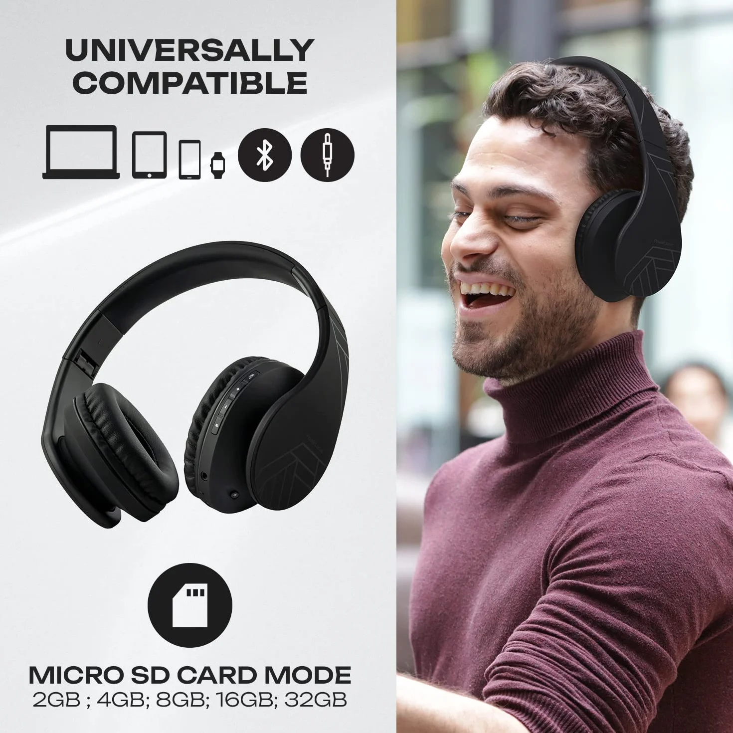 PowerLocus Casque Bluetooth Audio stéréo Pliable sans Fil et Filaire avec Micro intégré, Micro SD/TF, FM pour iPhone/Wiko/Samsung/iPad/PC (Noir)