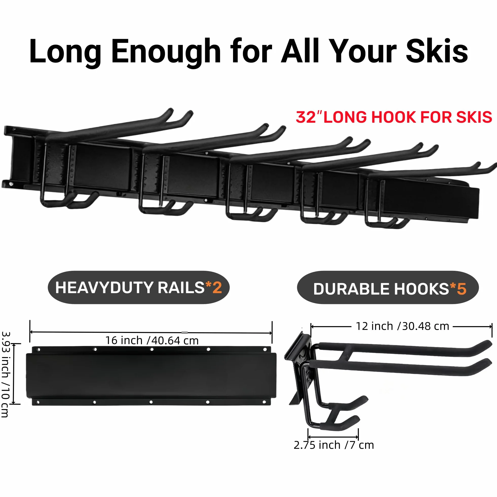 Kit de Support de Rangement à Skis pour 10 Paires Snowboards, 5 Crochets, Support Mural, Jusqu'à 300 LBS