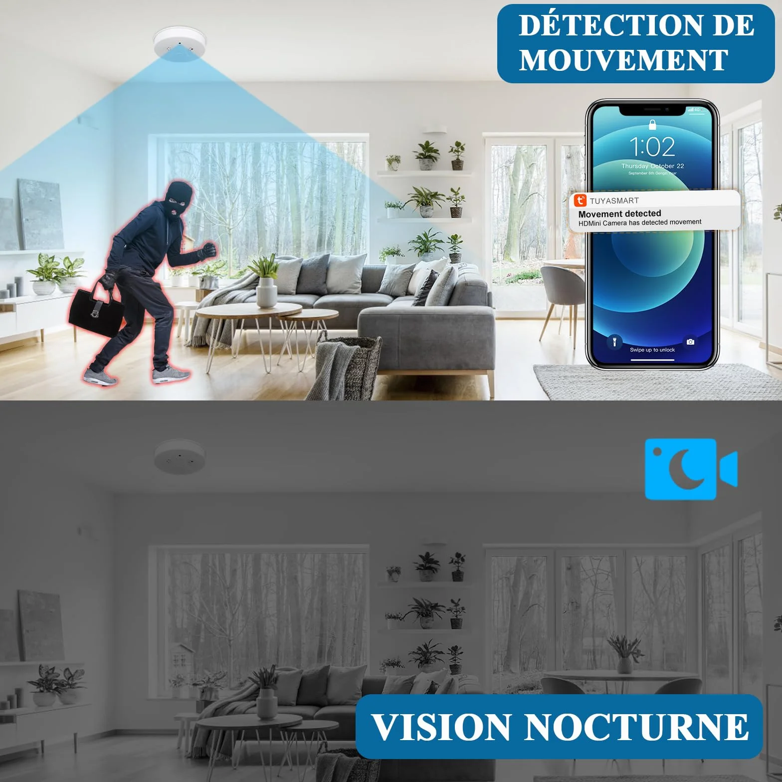 Caméra Cachée WiFi 2,4 et 5G, Caméra Espion WiFi Détecteur de Fumée, Mini Camera Espion Cachée HD 1080P avec Vision Nocturne et Détection de Mouvement pour la Sécurité Domestique
