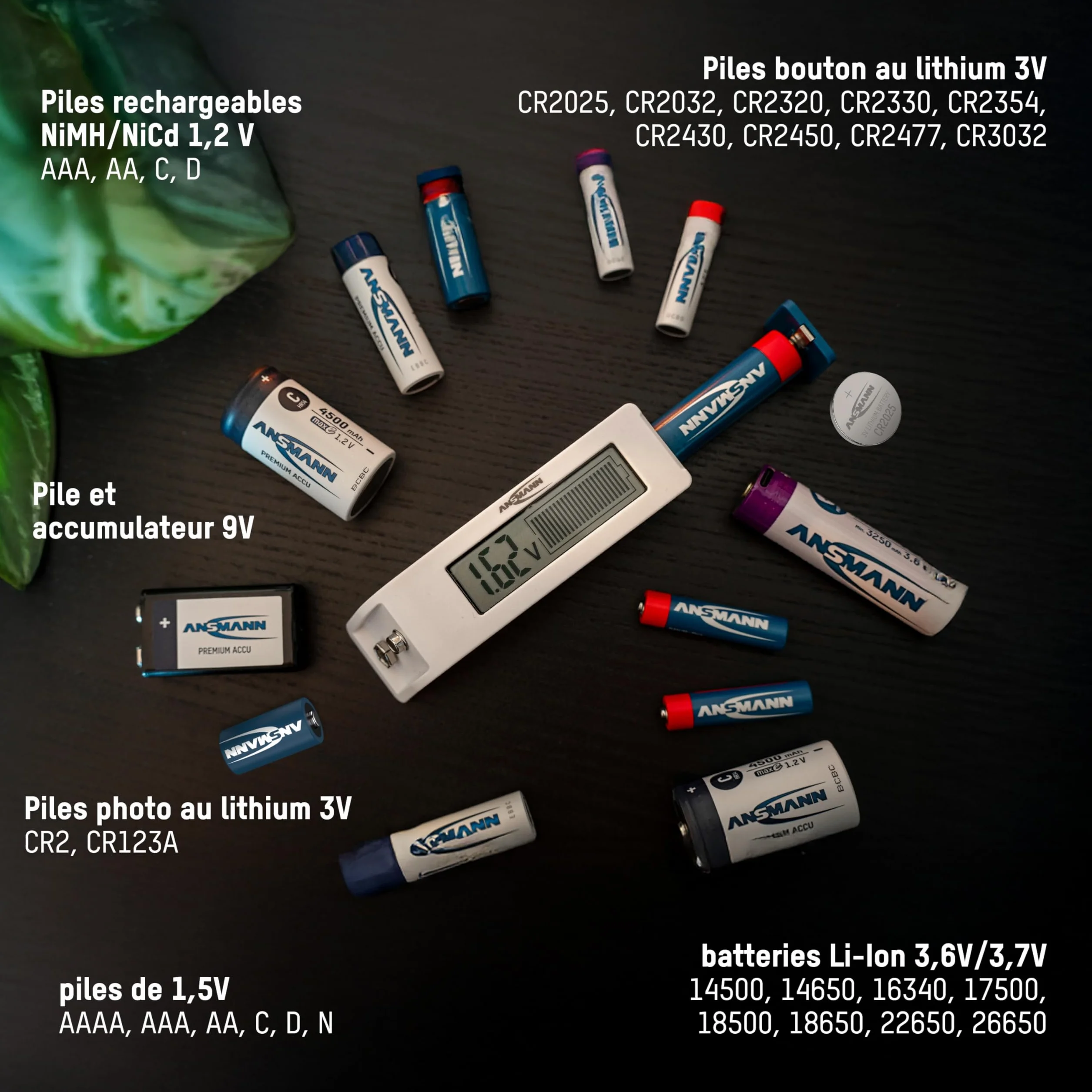 ANSMANN Testeur de piles pour piles rechargeables, piles & piles bouton au lithium usuelles (plus grandes que 2025) résultats précis sur écran LCD, test rapide & facile, Comfort Check compact