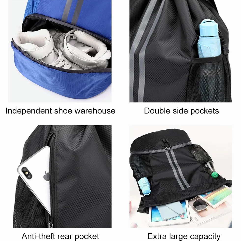 Veki Sac à Dos avec Cordon pour Homme Femme, Sac de Sport avec Compartiment Chaussures et Poche Humide, Bleu