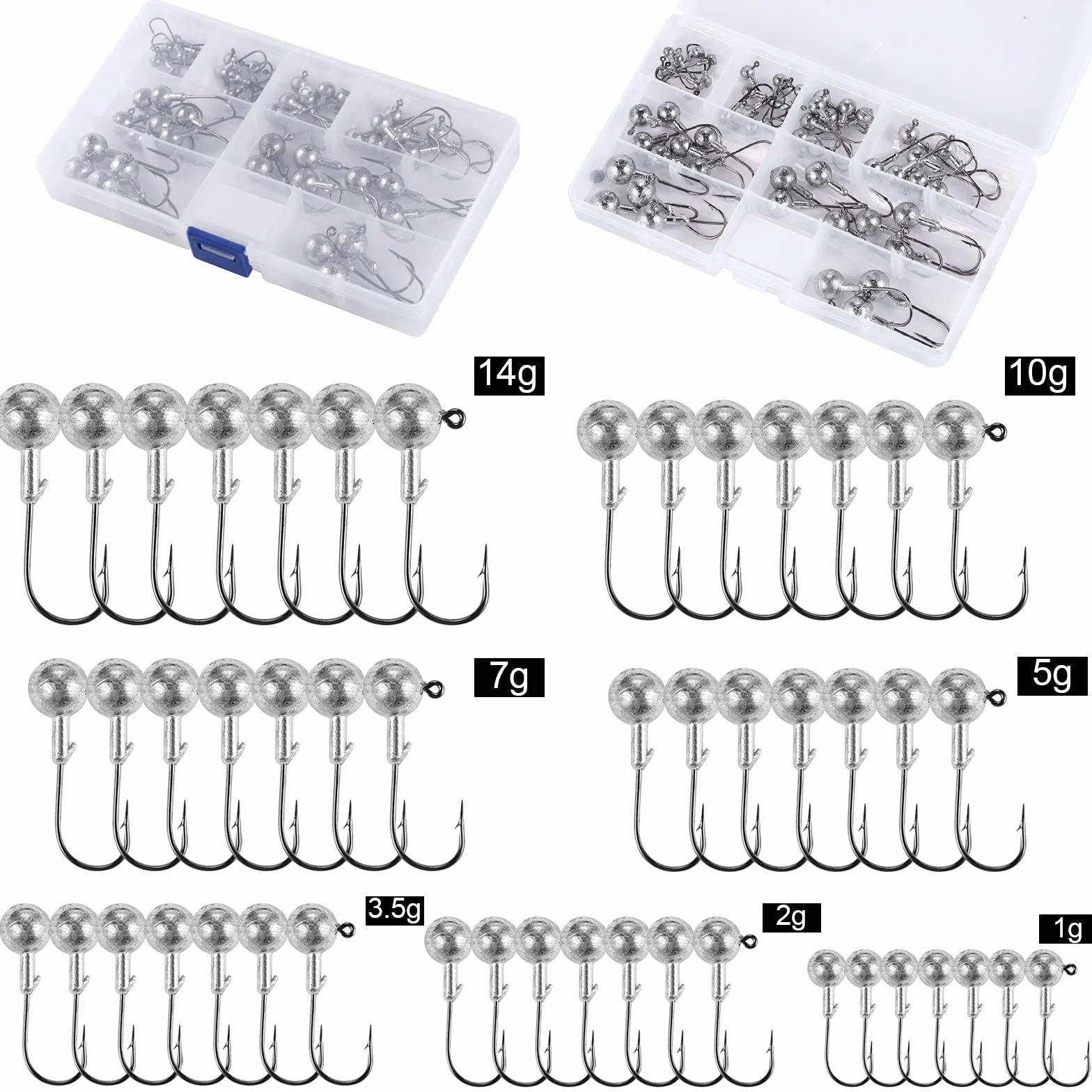49pcs Têtes Plombées Crochets Kit Hameçons Pêche Brochet Leurre Souple Pêche Mer (1/2/3.5/5/7/10/14 g)