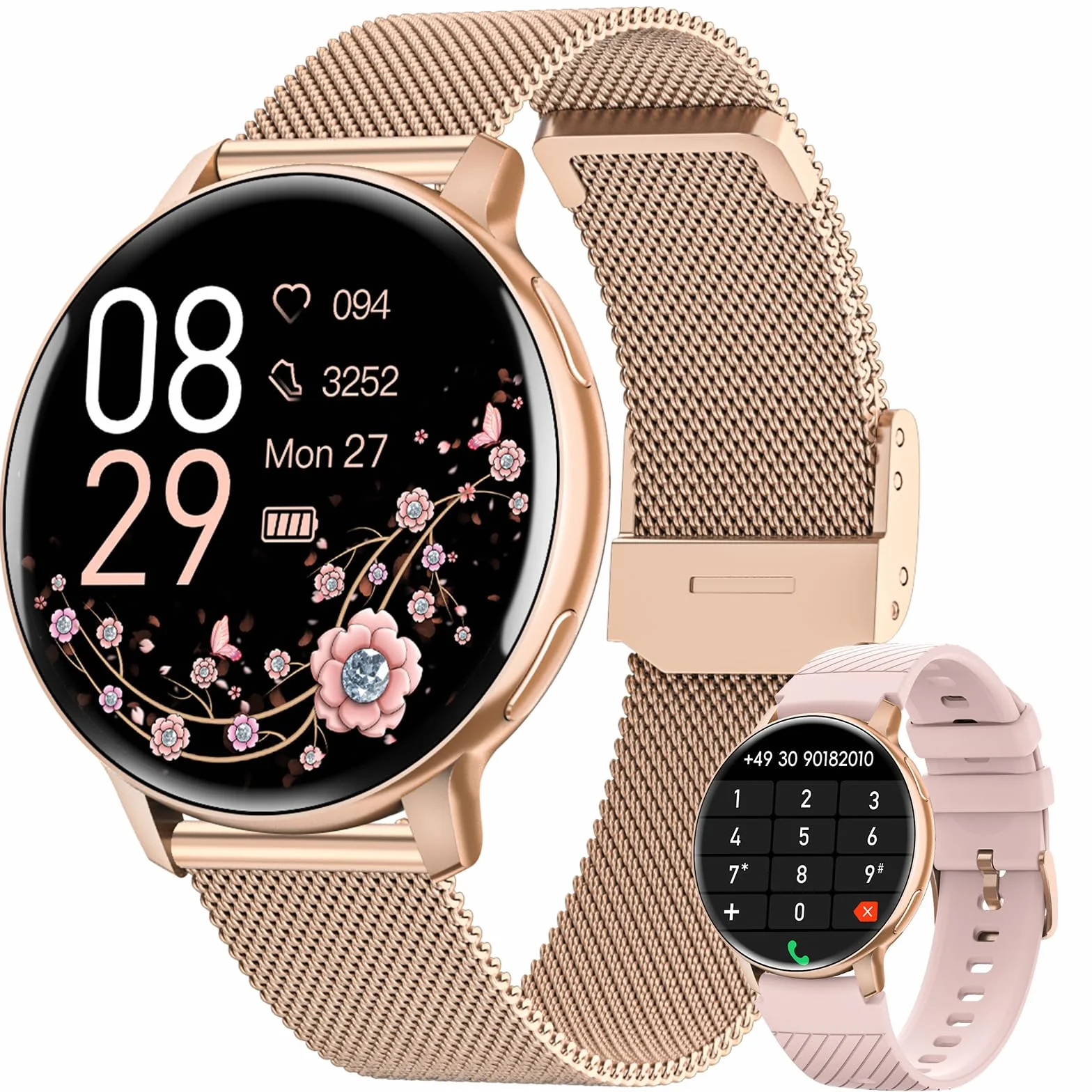 Montre Connectée Femme, 1.39" Smartwatch avec Appel Bluetooth, 24H Sommeil/Fréquence Cardiaque/SpO2 Fonction Féminine, 120+ Sportifs/IP68 Étanche Fitness Podomètre Compatible pour Android iOS, Or Rose