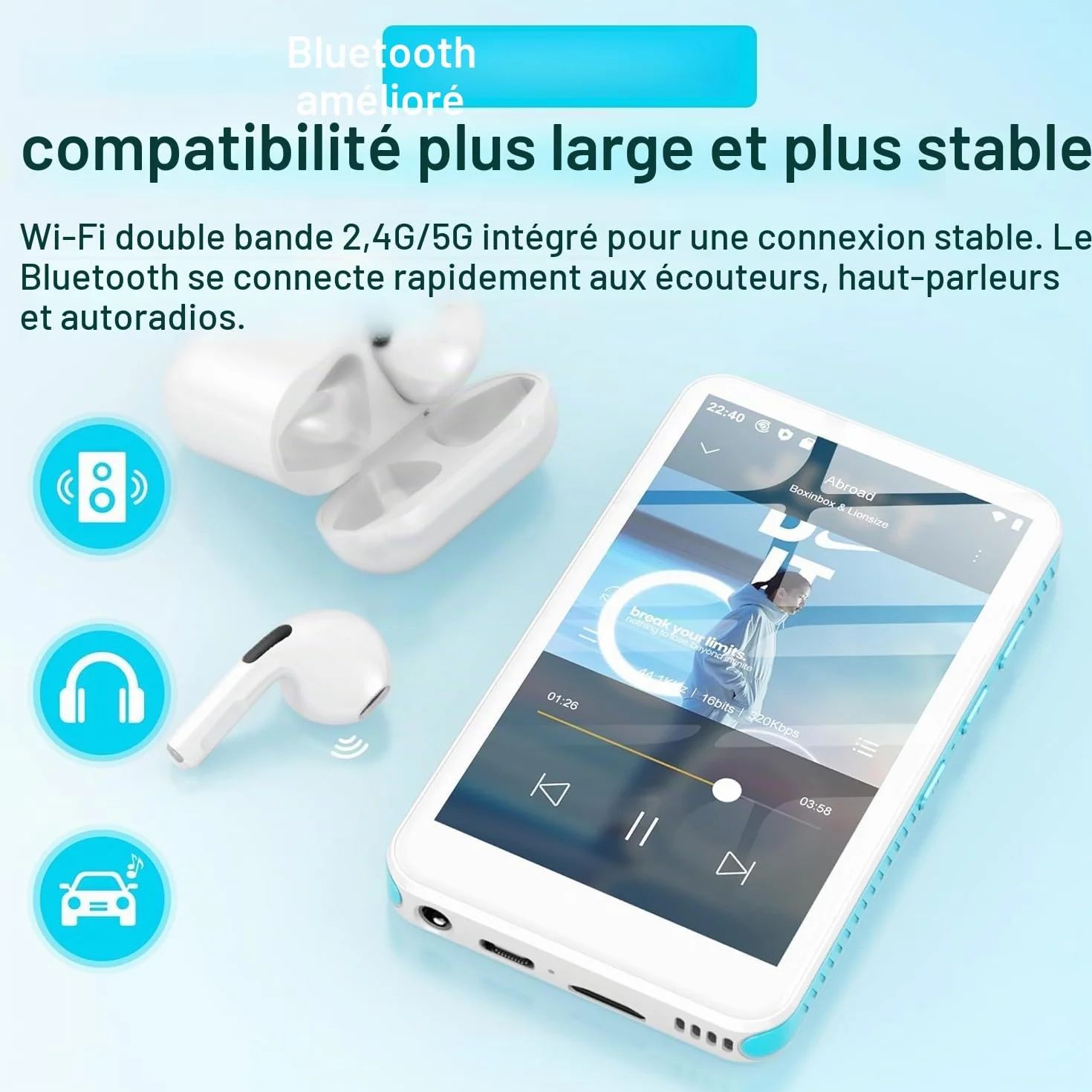SWOFY D08 Lecteur MP3 Android 13 160 Go Bluetooth WiFi écran tactile 4 pouces compatible Spotify Audible Play Store radio FM extensible 1 To