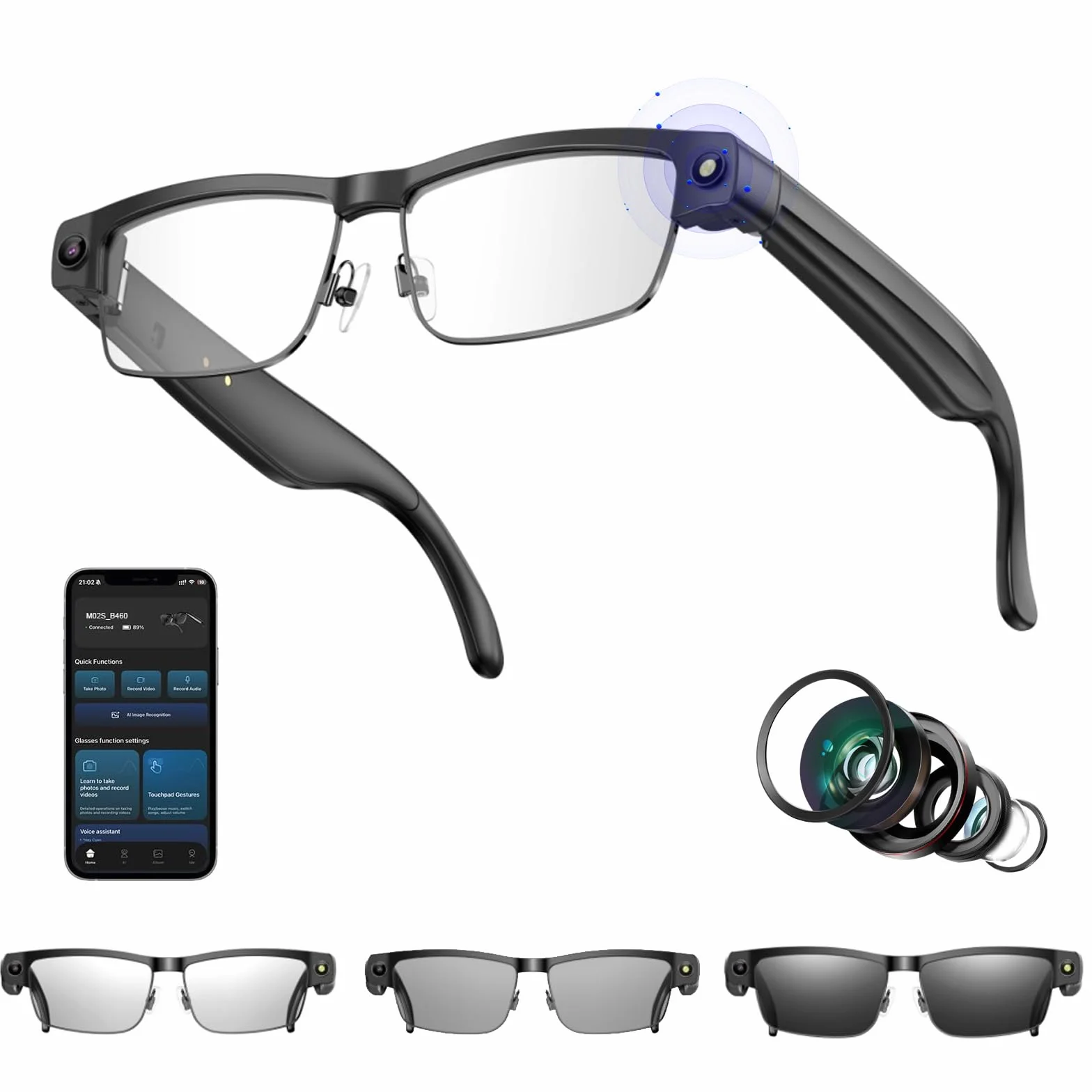 Lunettes AI Smart Camera, 4K 800 W Lunette Camera HD avec Assistant IA pour Traduction en Temps Réel, Traduction Simultanée Identification d'objet GPT lentilles photochromiques, Lunettes Connectées