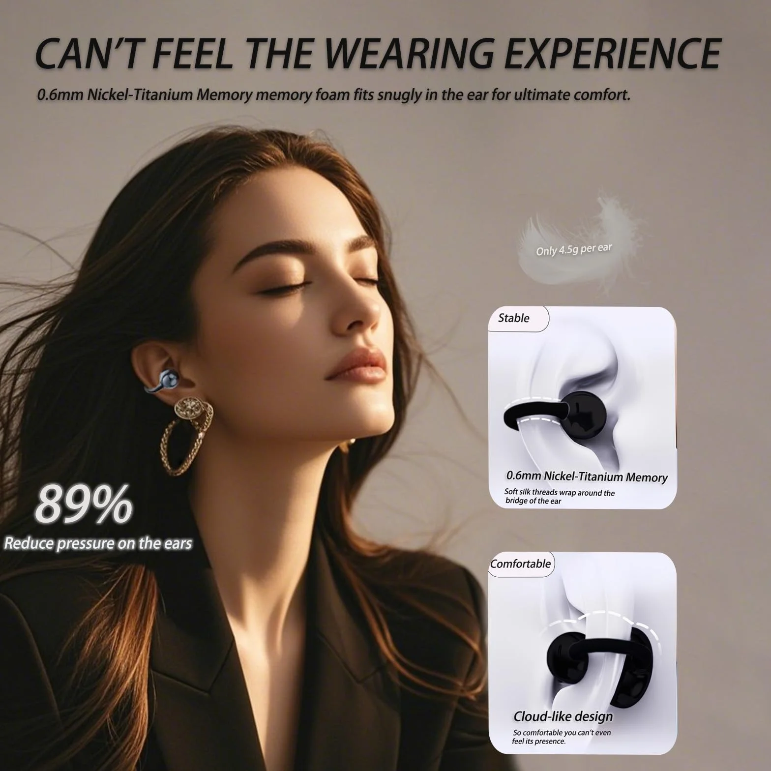Écouteurs Bluetooth sans Fil, Open-Ear avec Clip, Léger et Stable Seulement 4.5g, Suppression du Bruit, iOS & Android, IP57, Affichage LED, pour Voyage/Deporte/Études/Running Sport (Noir)