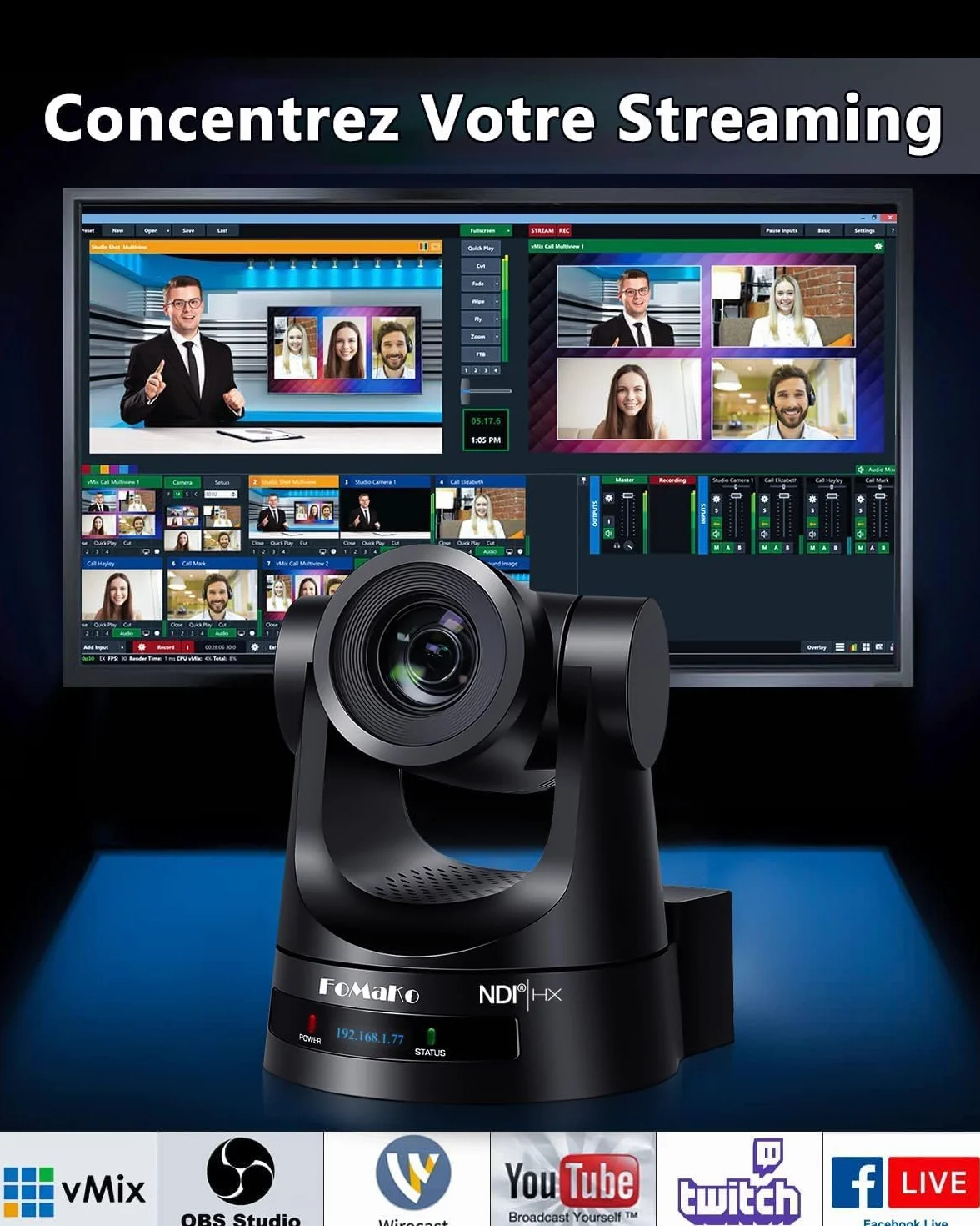 FoMaKo BN302 Ensemble de Caméra PTZ NDI HX3, 30x Zoom Optique, Suivi-Automatique IA 1080P 60ips avec 3G-SDI HDMI USB3.0 LAN(NDI|HX3, NDI6, PoE), 2*Caméra 30x Zoom NDI + 1* Contrôleur PTZ NDI