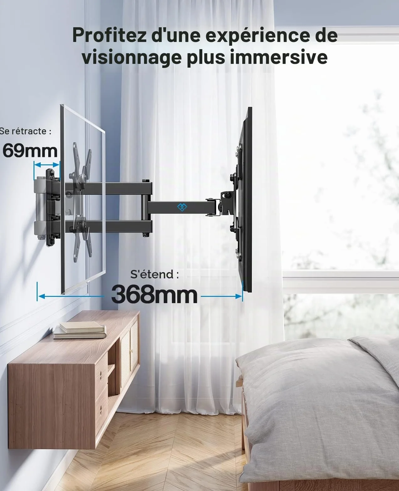 PERLESMITH Support Mural TV 13-42 Pouces 20KG Orientable Inclinable Rotation 360° Bras Accroche TV VESA 200x200mm