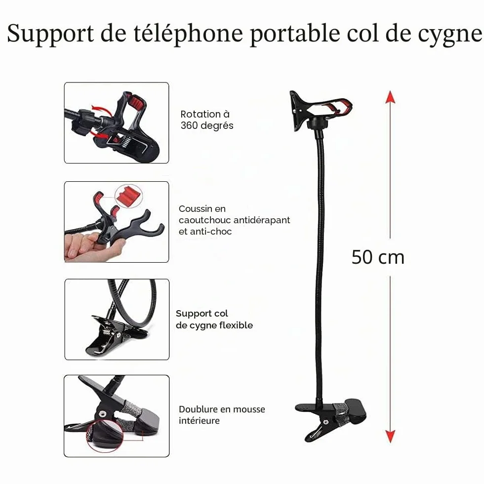 Support Col de Cygne Téléphone, Portable Support Universel Support de Téléphone Pliable Rotation 360° Réglable Stand Smartphone avec Clip,Utilisé dans Les Chambres, Bureaux, Voitures (Noir)