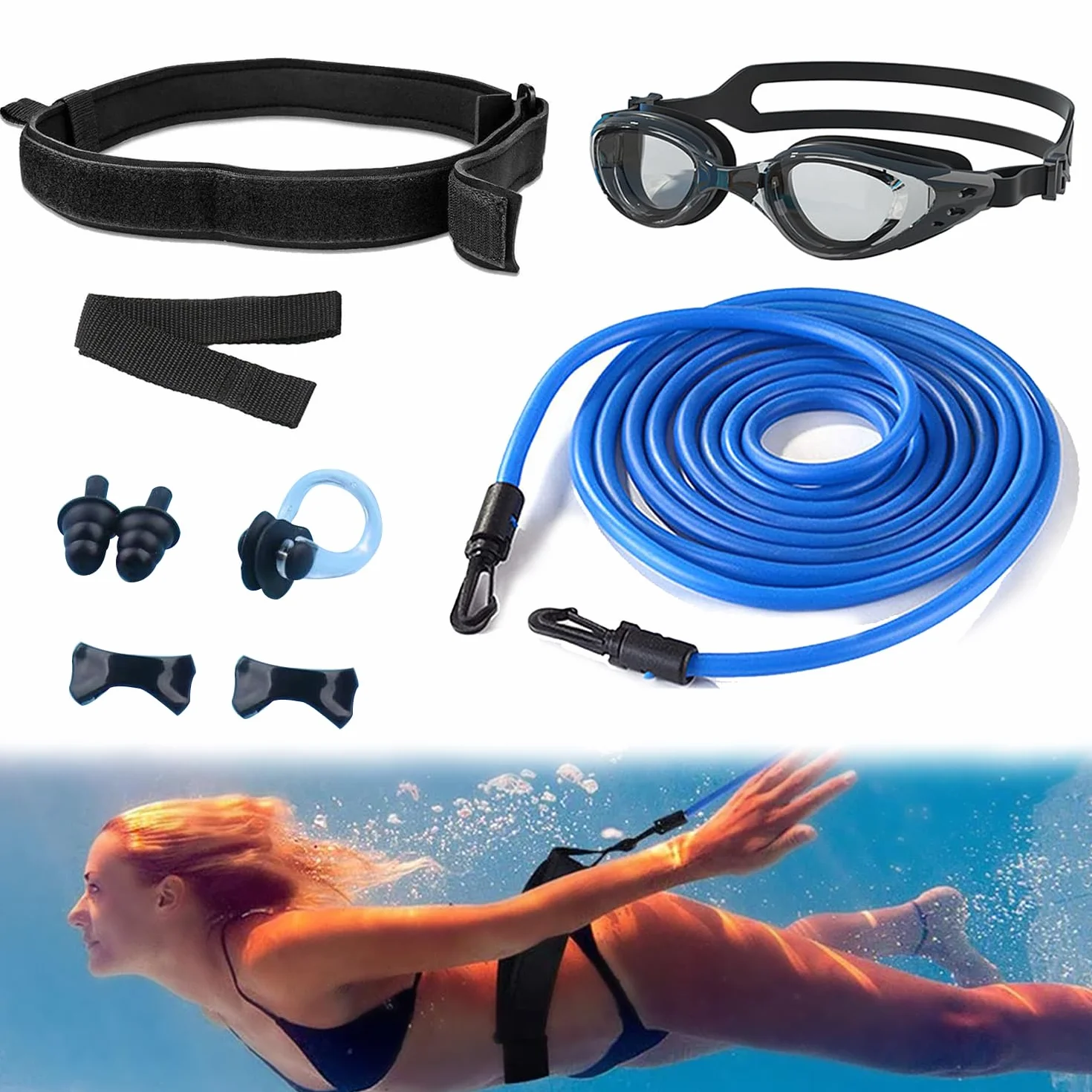 Elastique de Nage 4m avec Lunettes, Ceinture de Natation Réglable